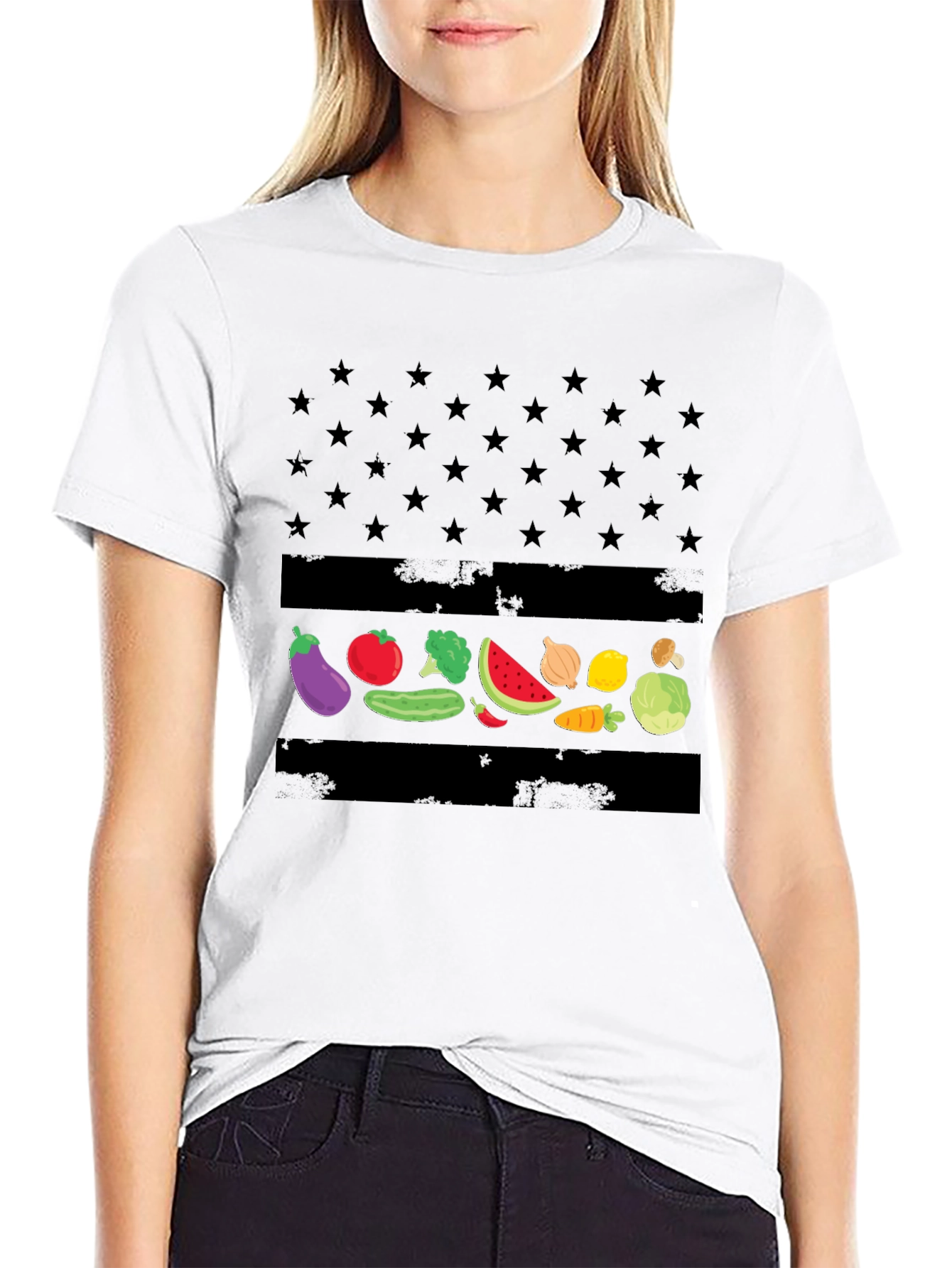 Vegan American Flag T-Shirt - Star & Veggie Design