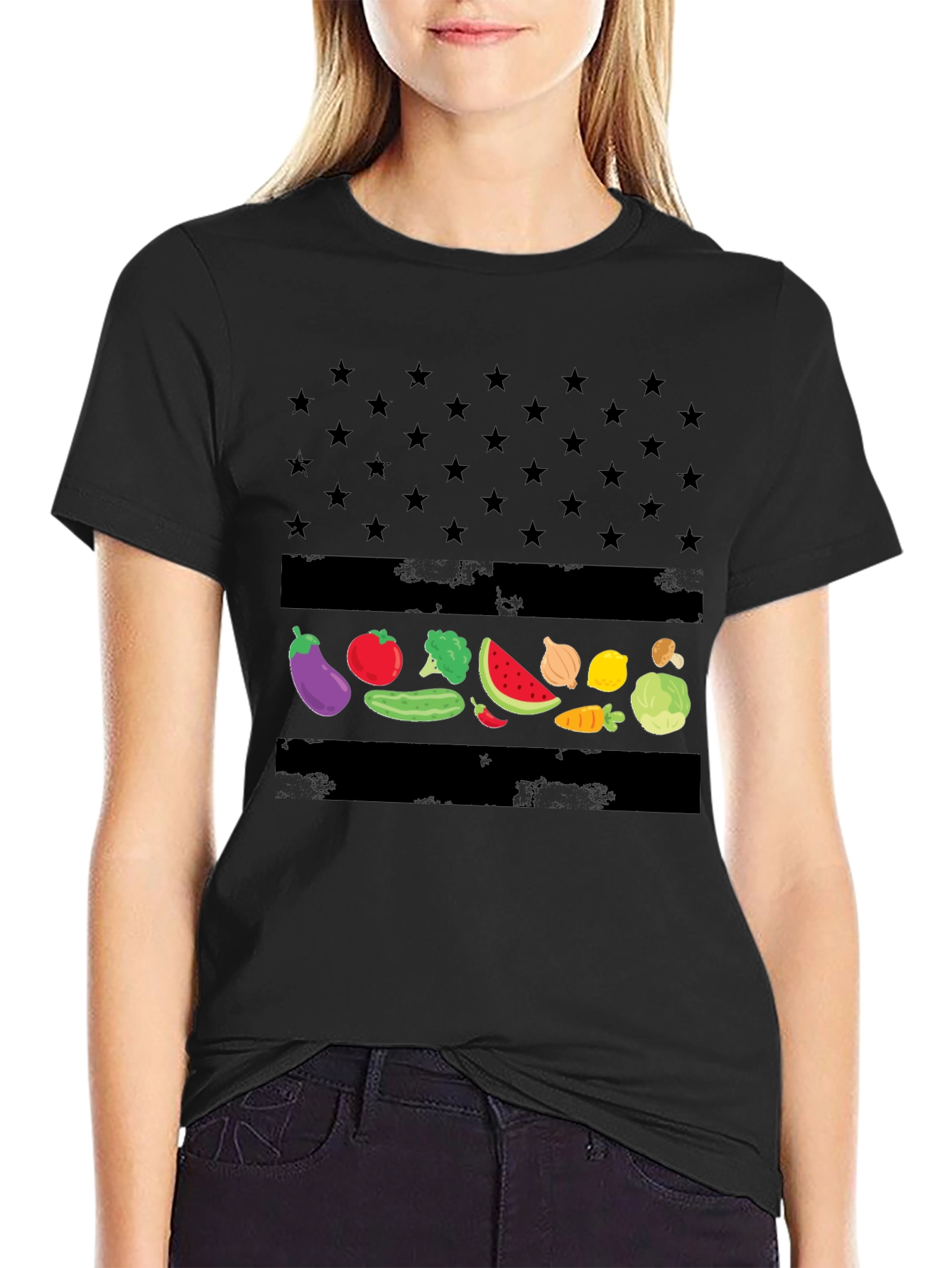 Vegan American Flag T-Shirt - Star & Veggie Design