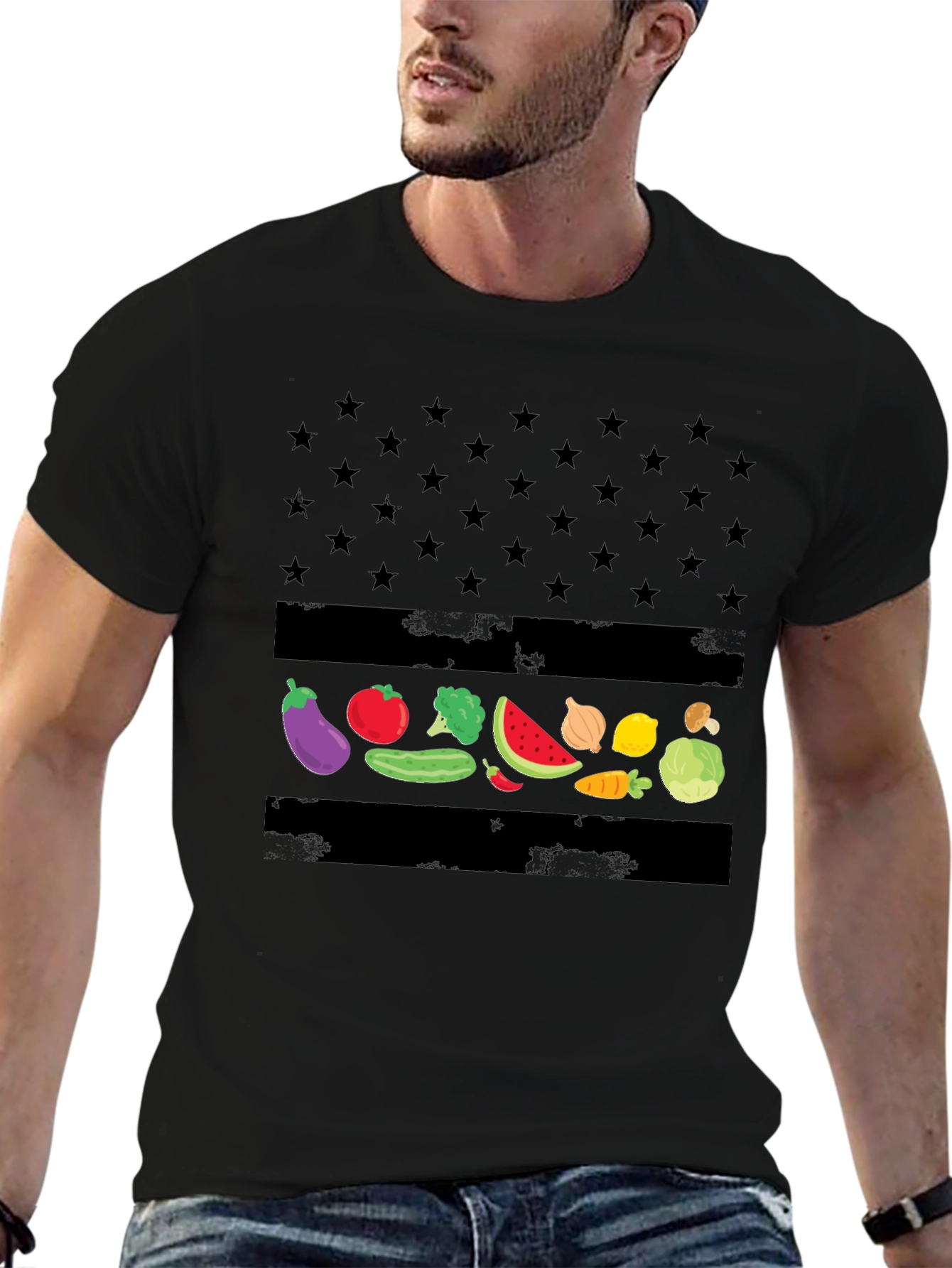 Vegan American Flag T-Shirt - Star & Veggie Design