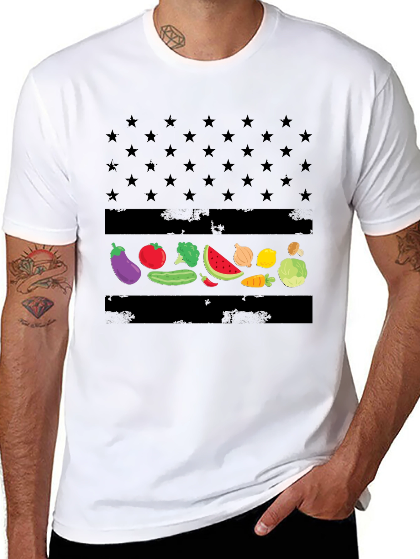 Vegan American Flag T-Shirt - Star & Veggie Design