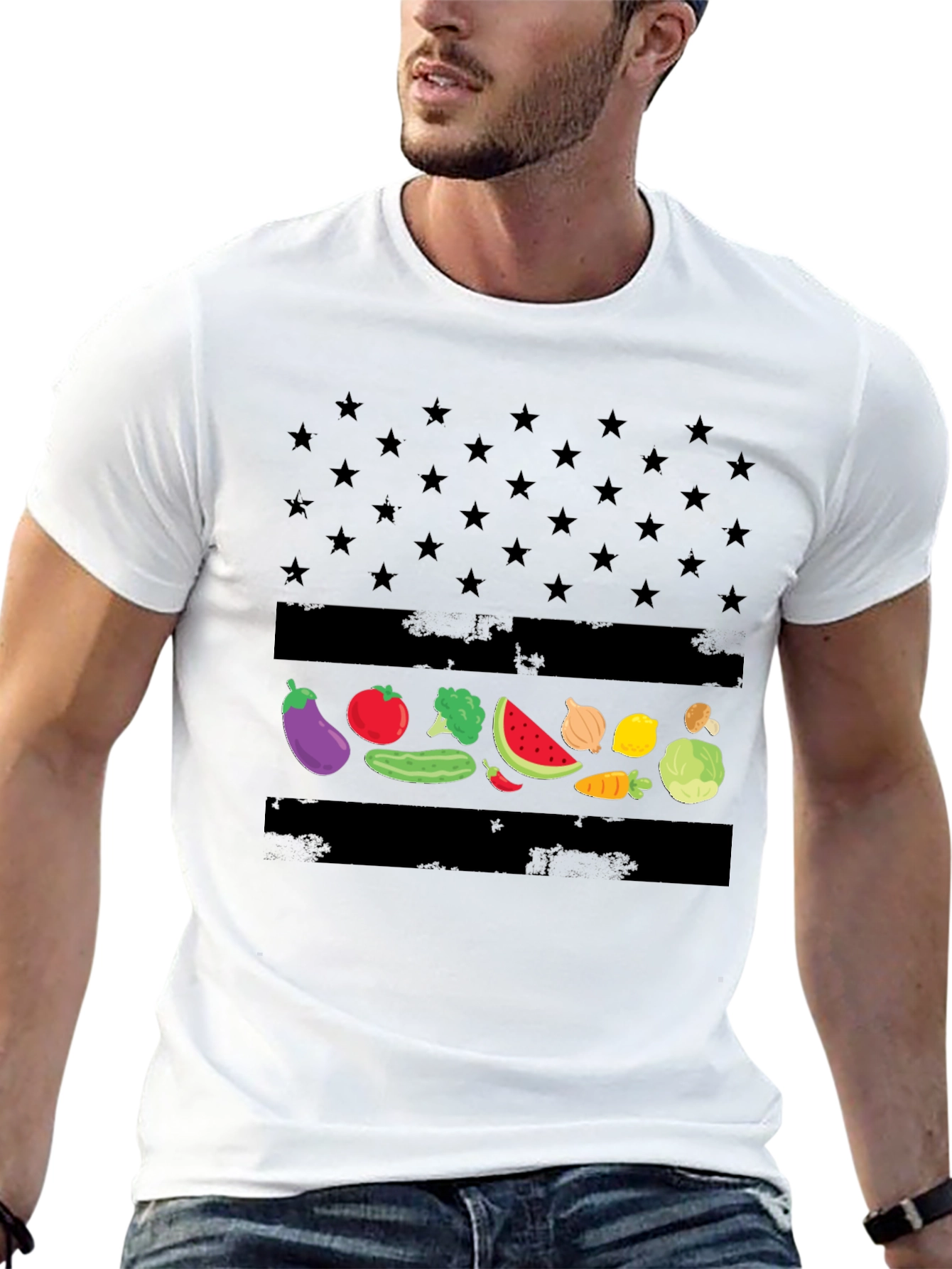 Vegan American Flag T-Shirt - Star & Veggie Design