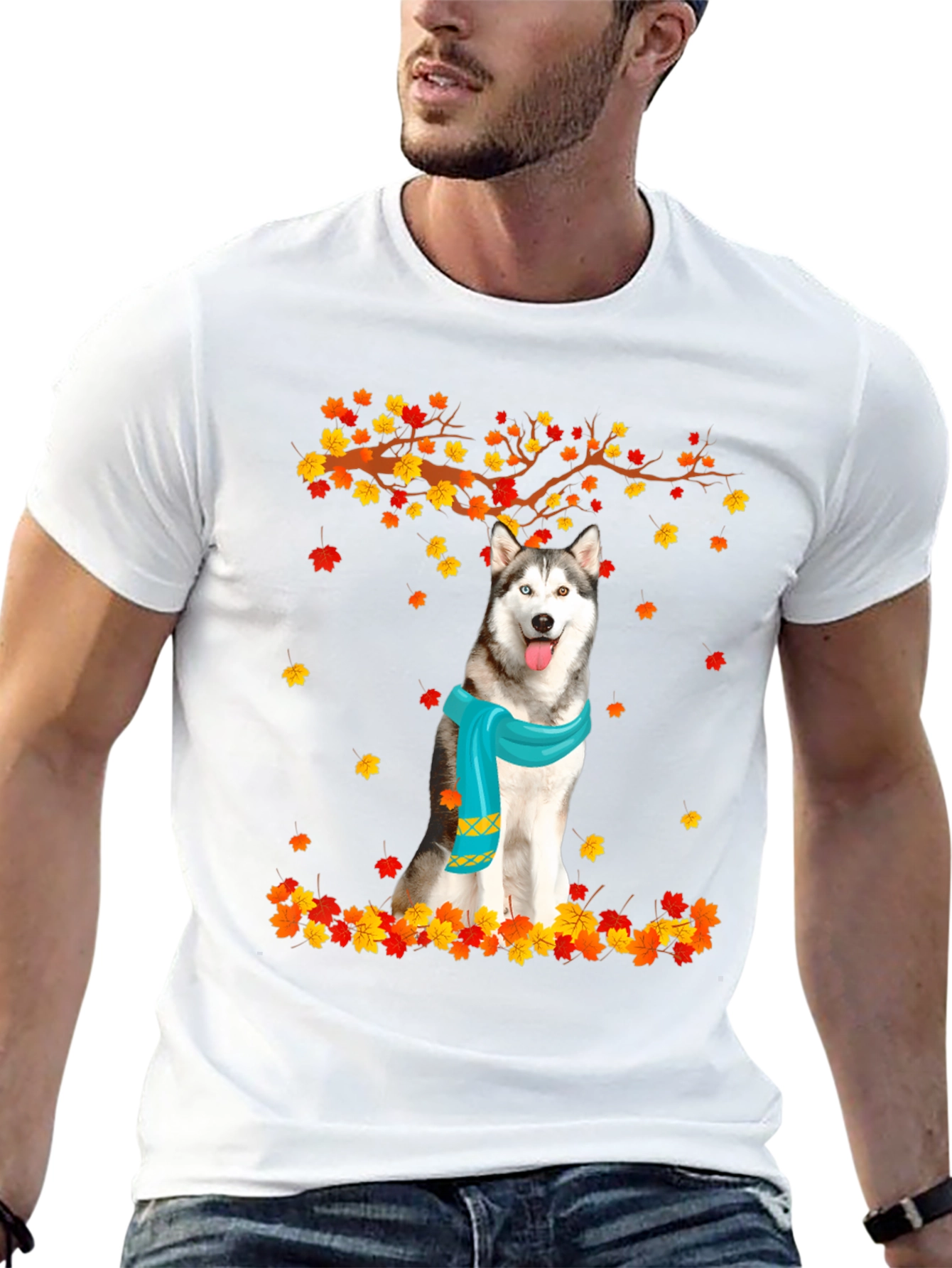 Husky Autumn Leaves Graphic T-Shirt