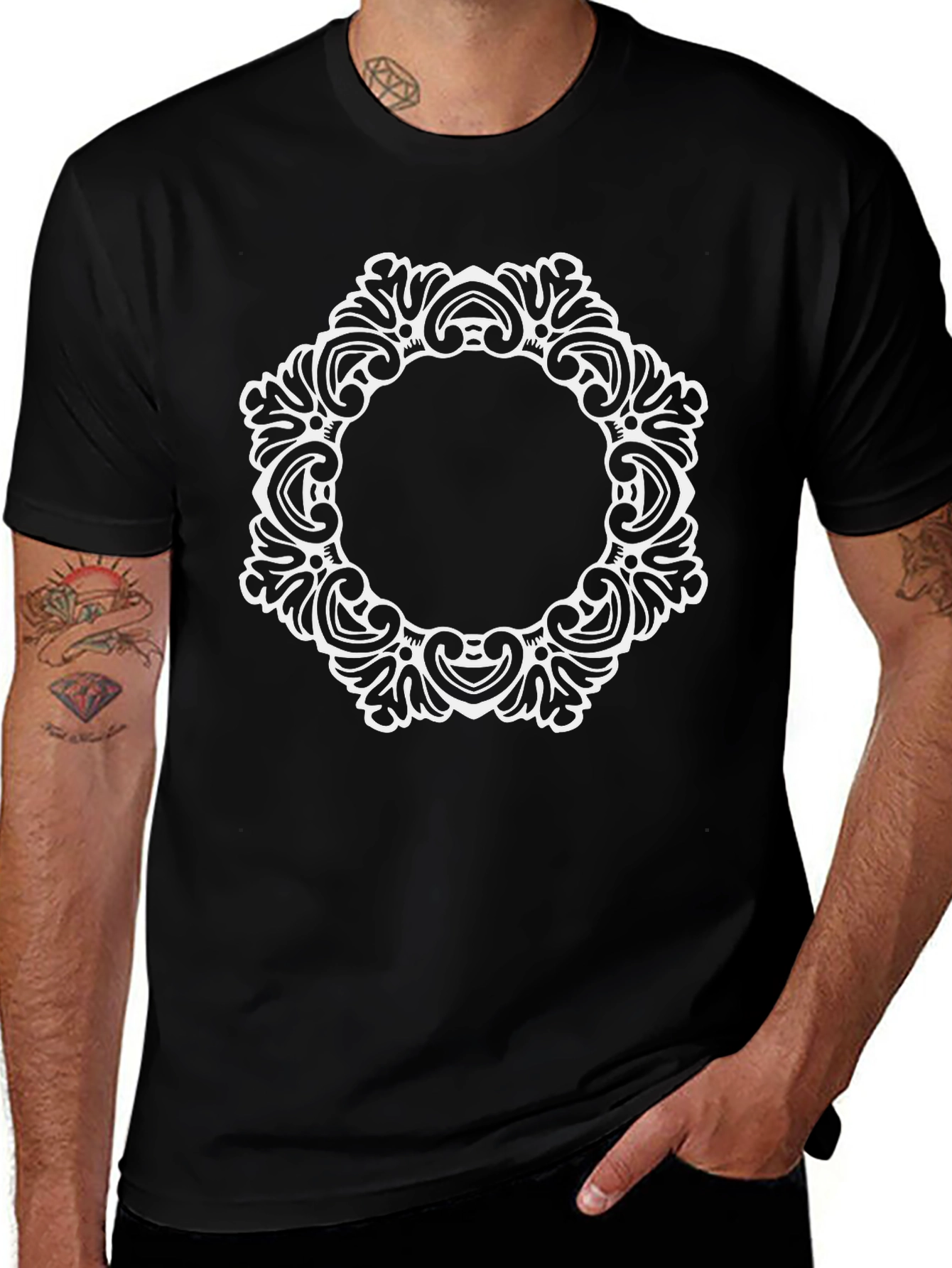 Elegant Black Tee with Ornate White Circle Design