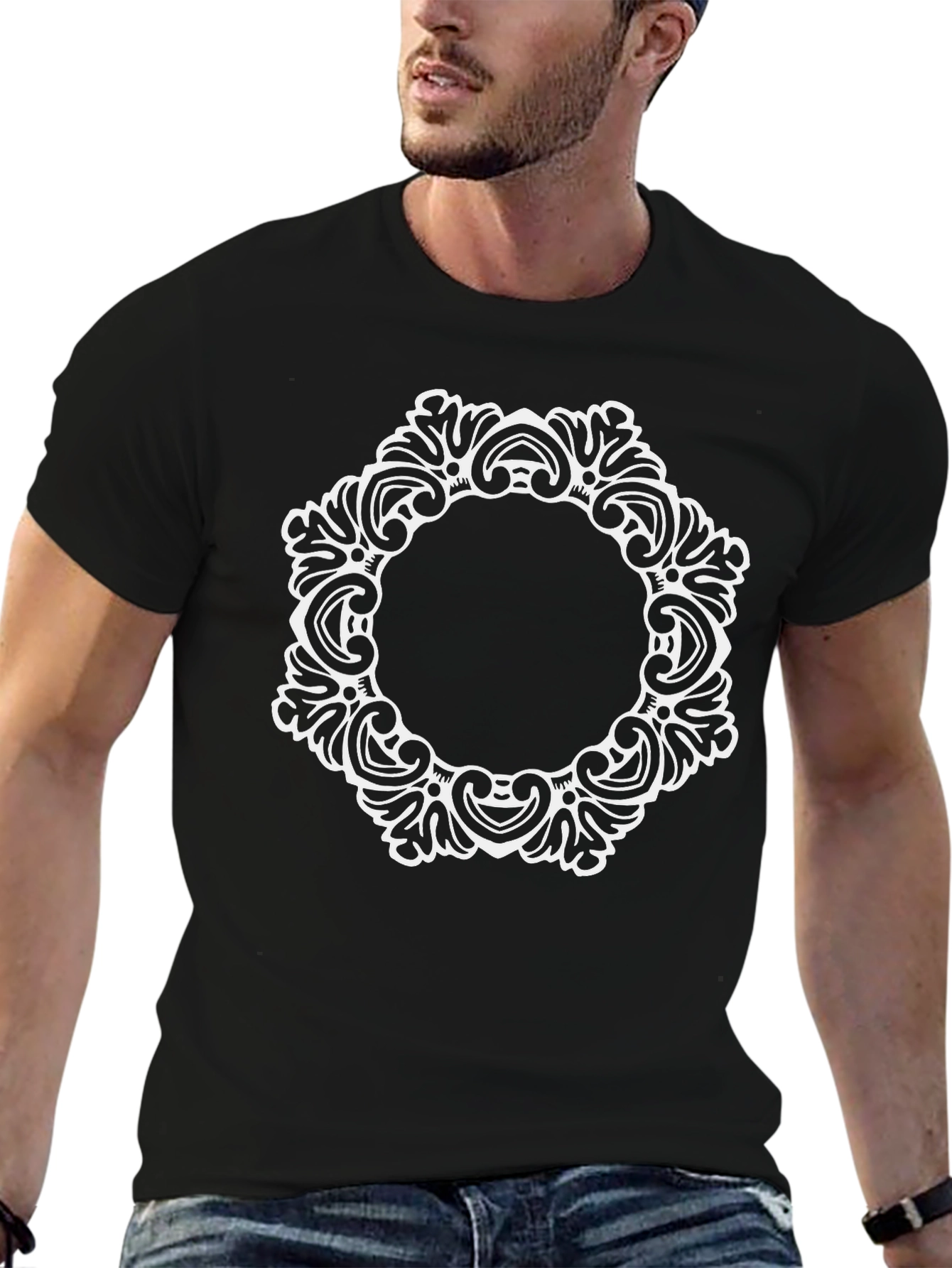 Elegant Black Tee with Ornate White Circle Design