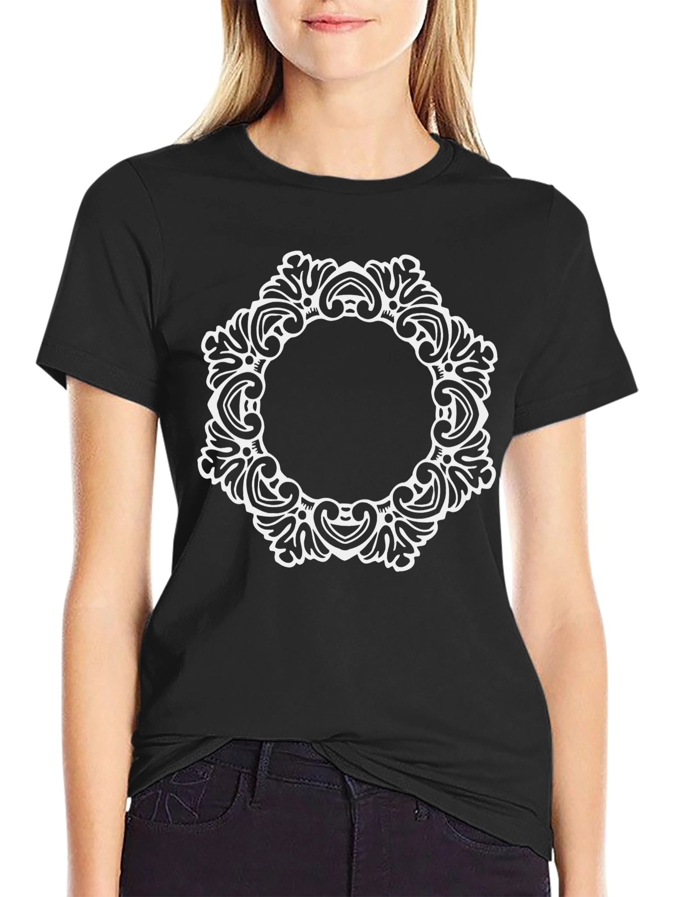 Elegant Black Tee with Ornate White Circle Design