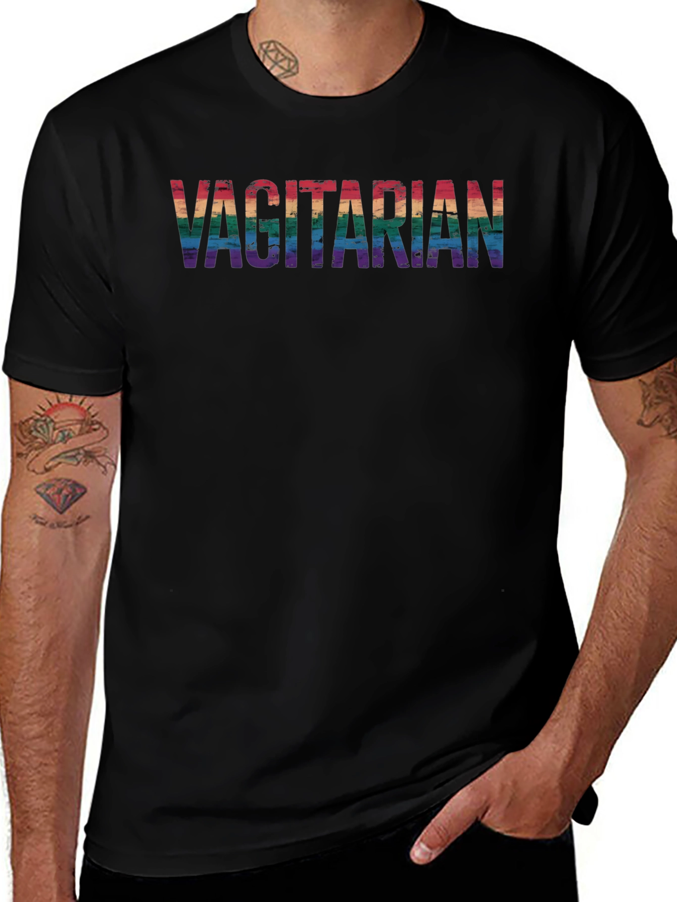 Vagitarian Pride Tee - Rainbow Letters Black Cotton