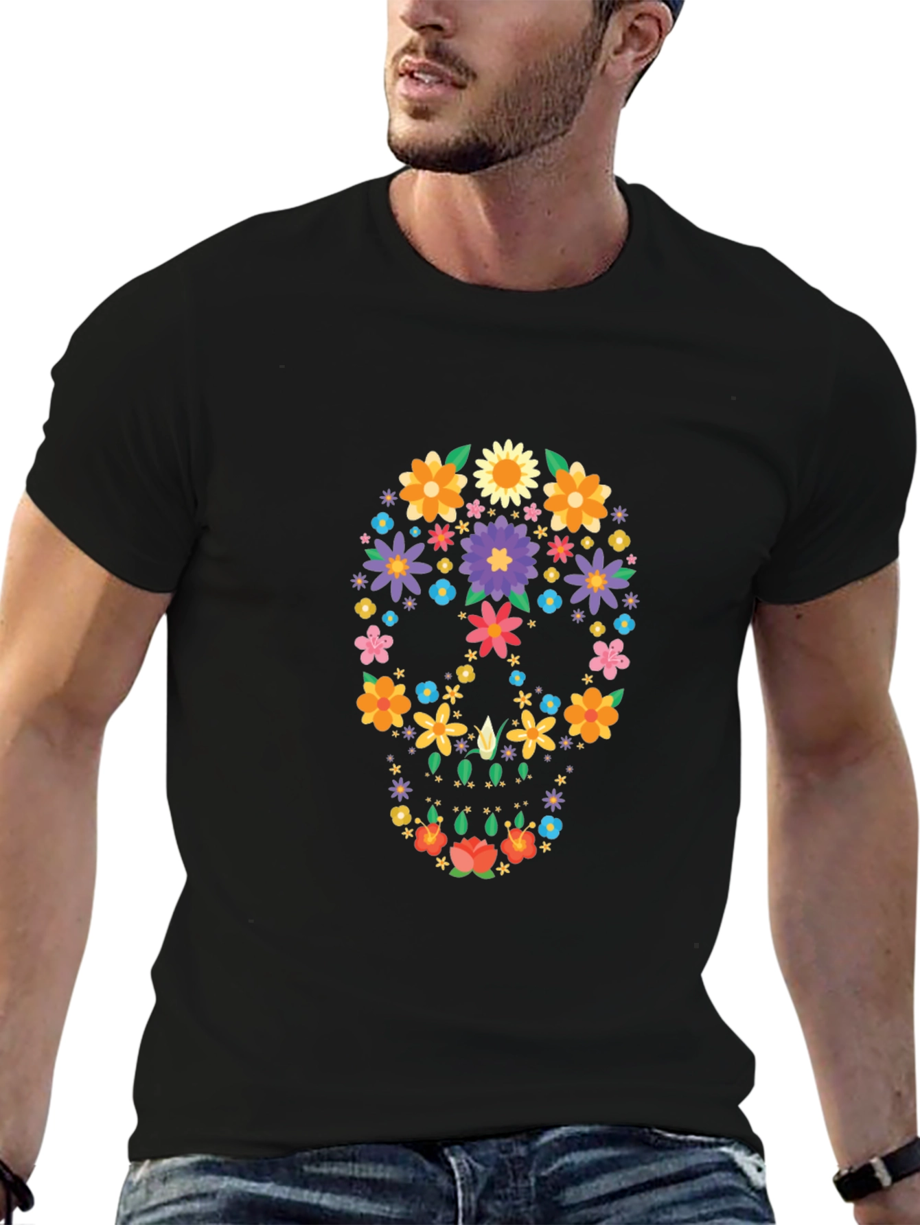 Floral Sugar Skull Graphic Black T-Shirt