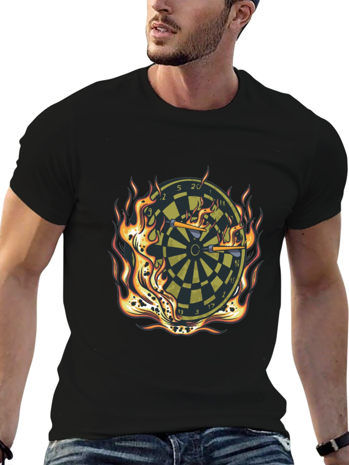Fiery Dartboard Graphic Tee - Black Casual T-Shirt