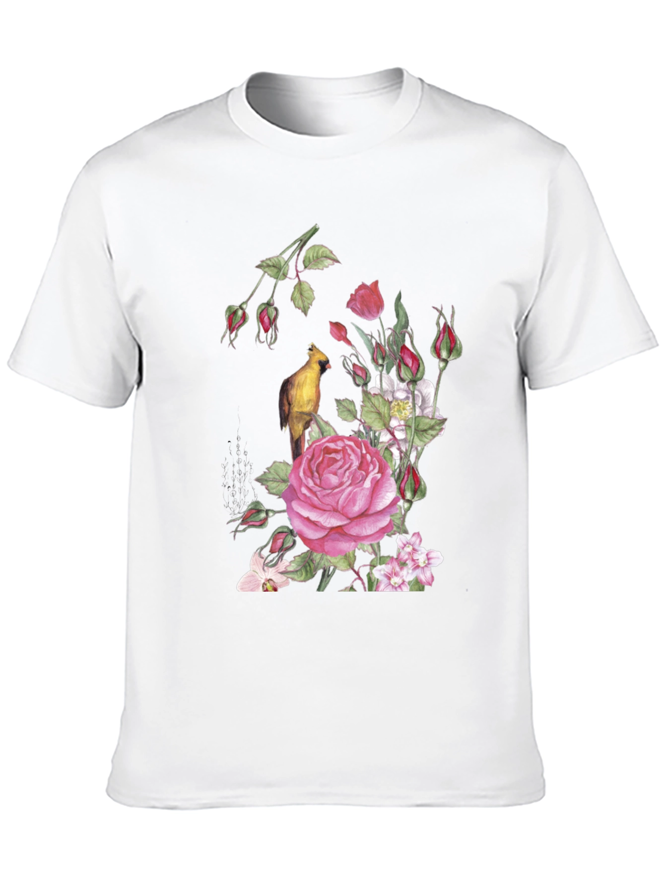 Floral Bird Print Black T-Shirt