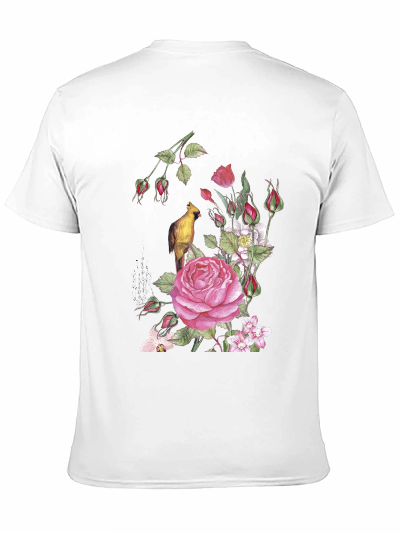 Floral Bird Print Black T-Shirt
