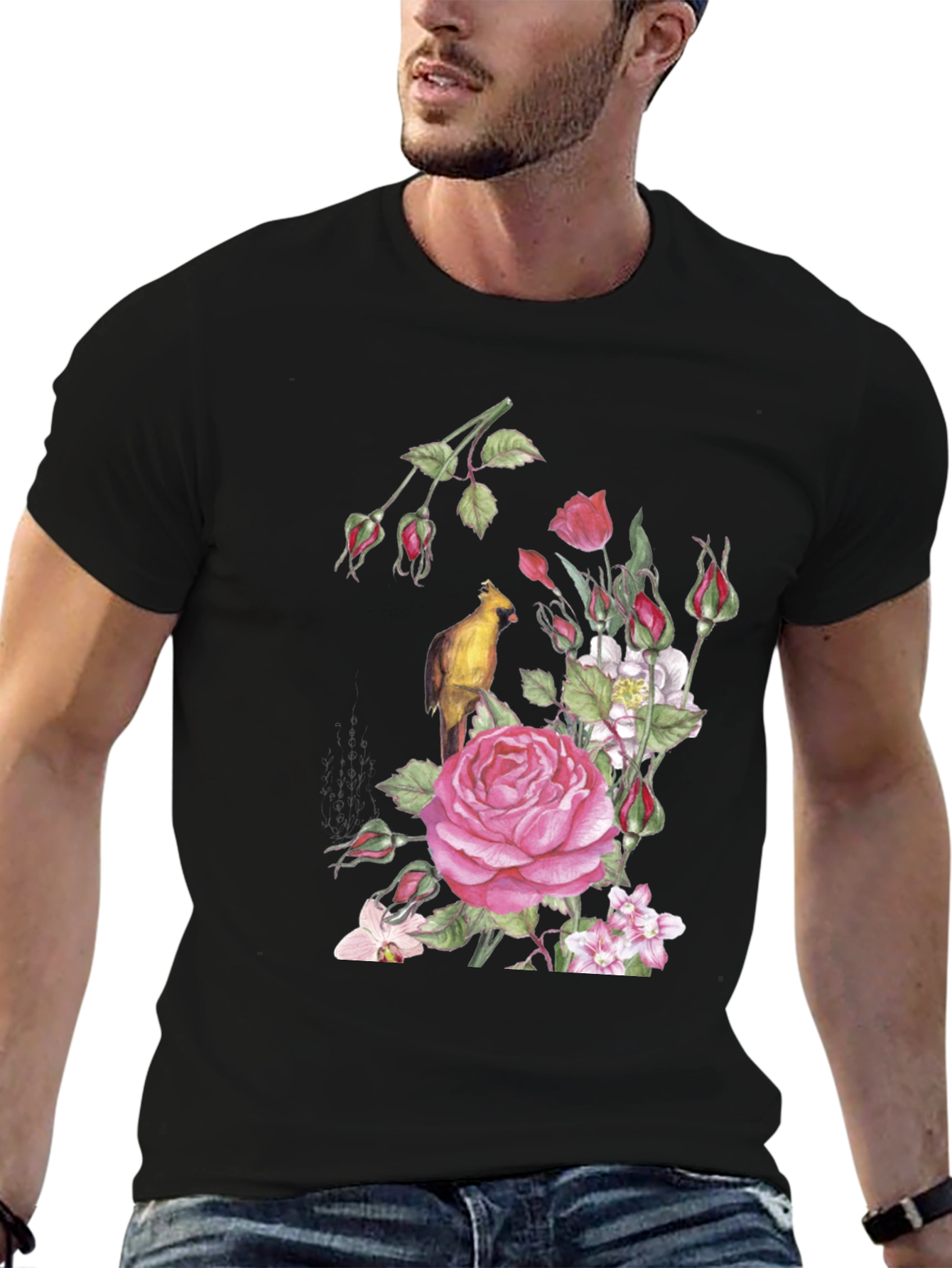Floral Bird Print Black T-Shirt