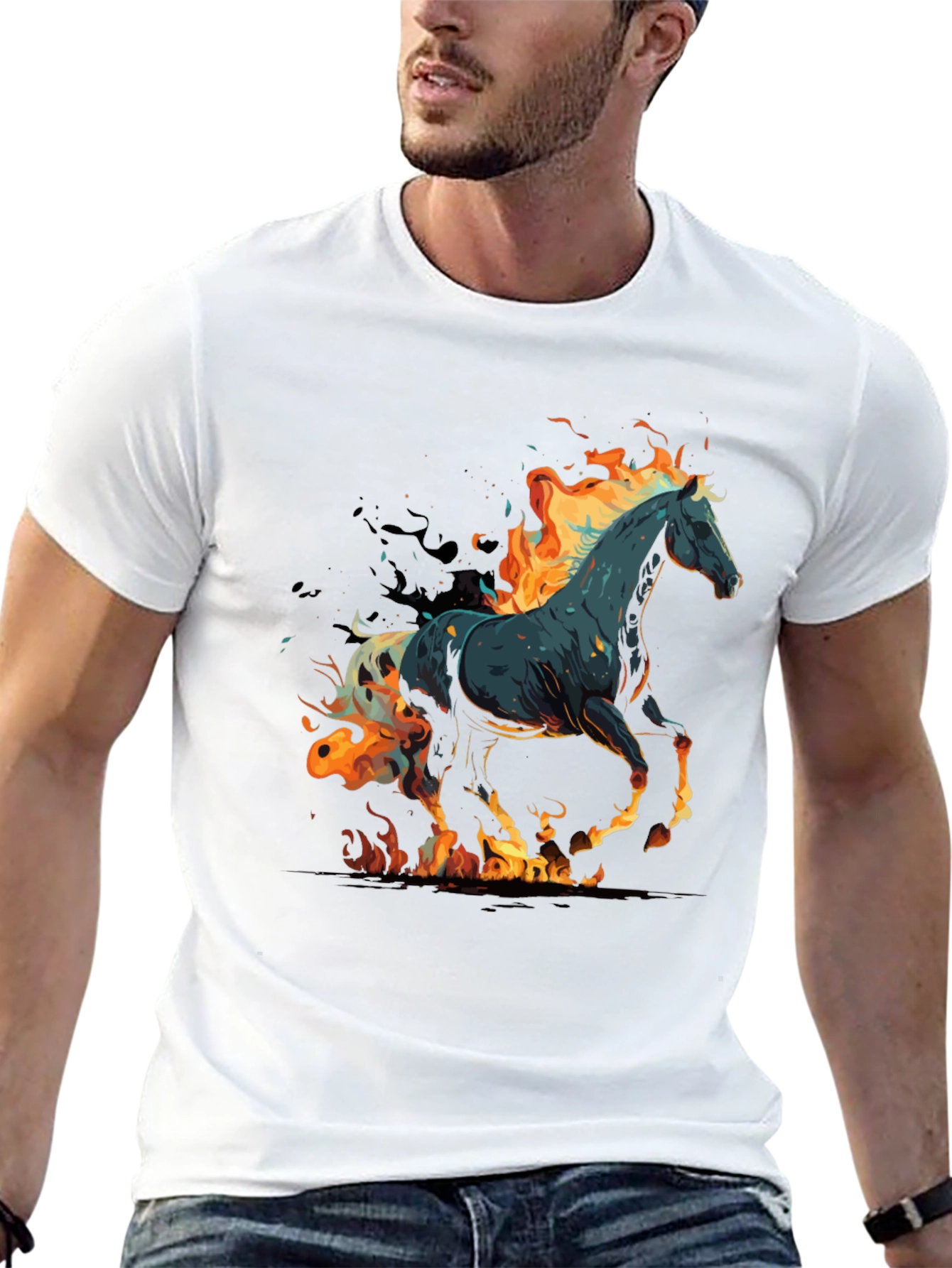 Flaming Horse Graphic Tee - Black Cotton Blend