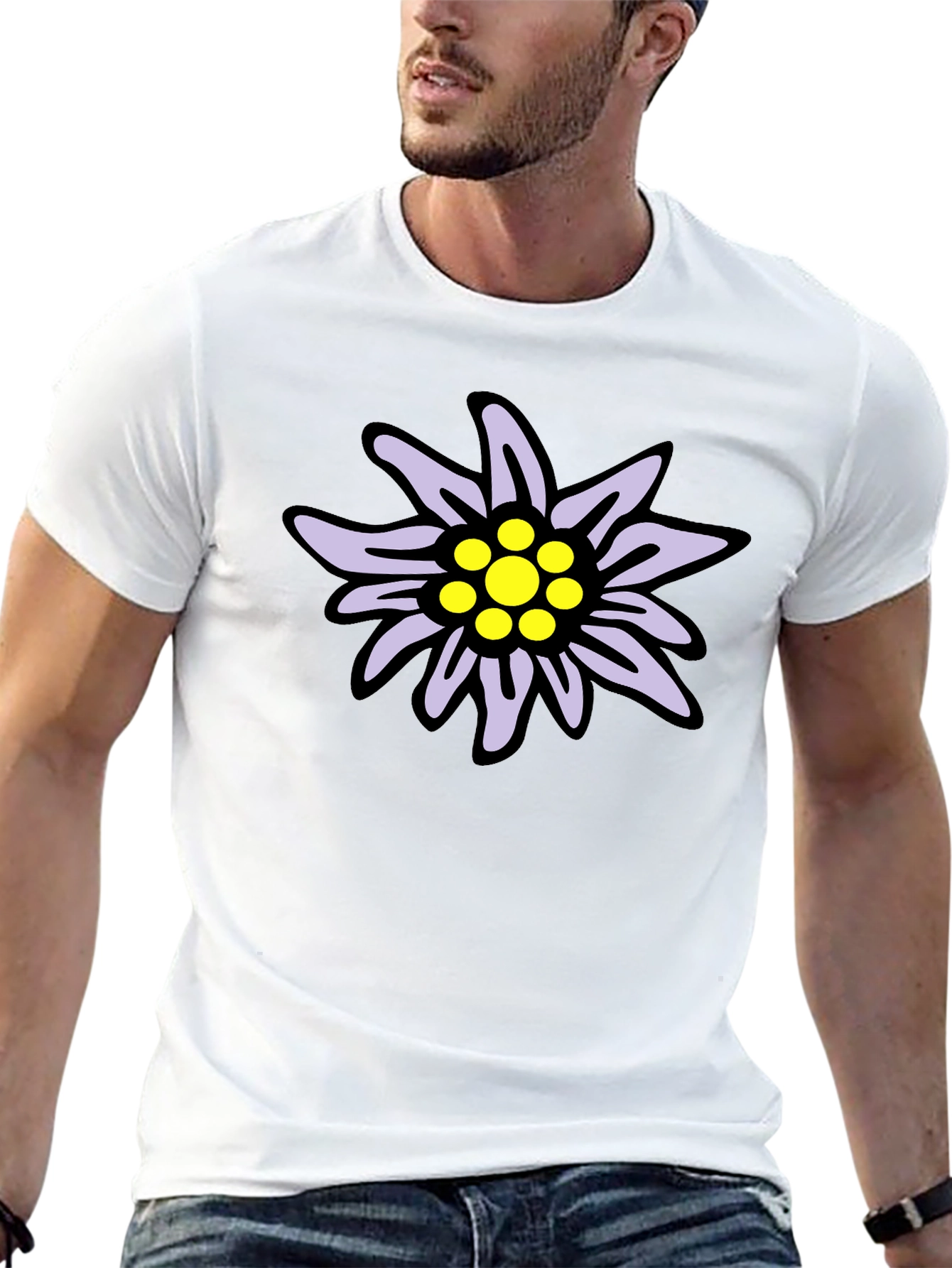 Edelweiss Flower Graphic T-Shirt - Casual Black Tee