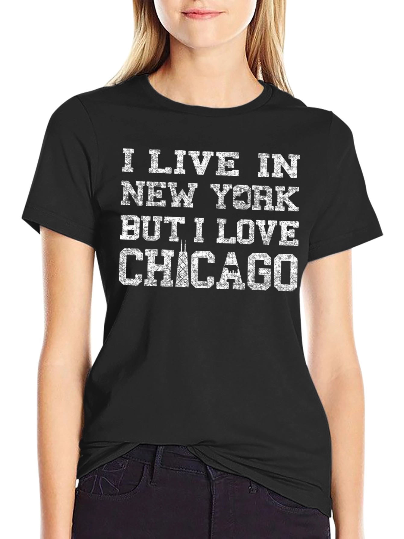 I Live in NY Love Chicago Black T-Shirt