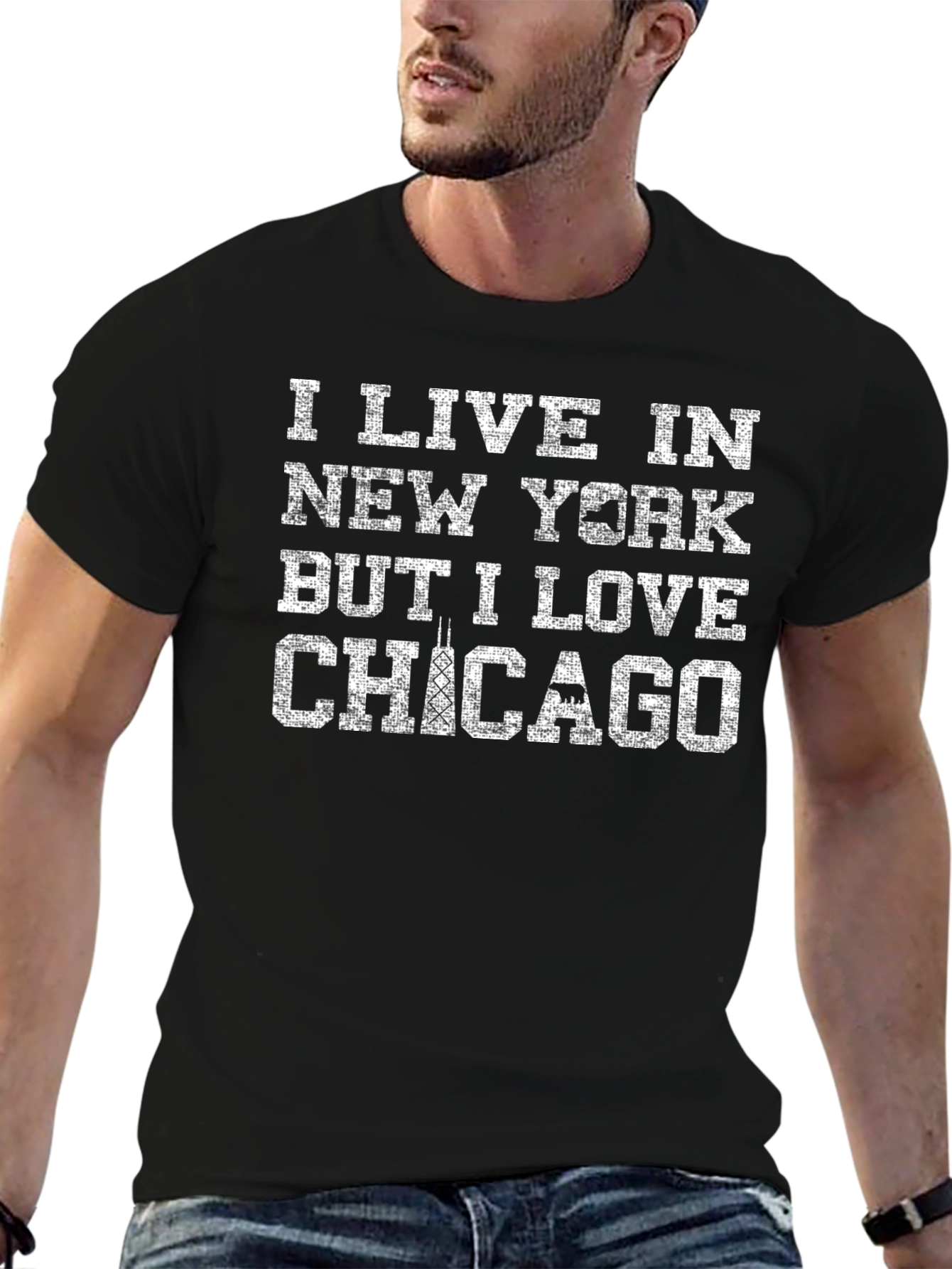 I Live in NY Love Chicago Black T-Shirt