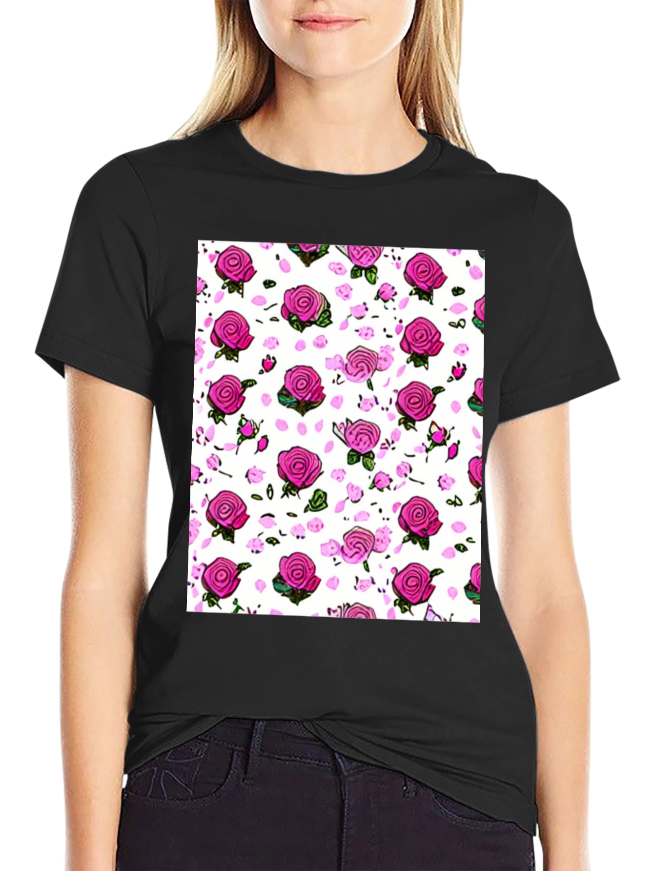 Floral Print T-Shirt: Pink Roses on White