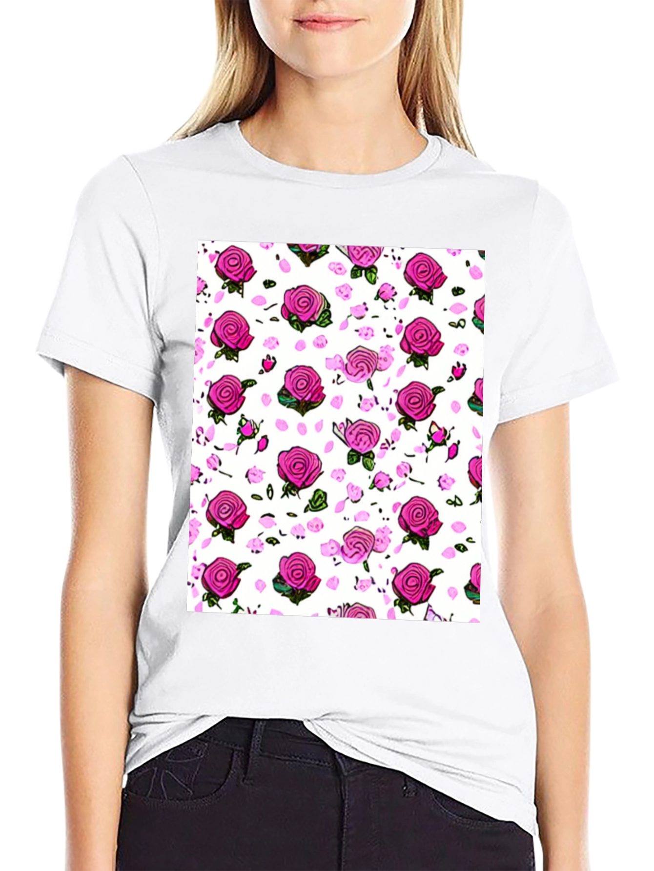 Floral Print T-Shirt: Pink Roses on White