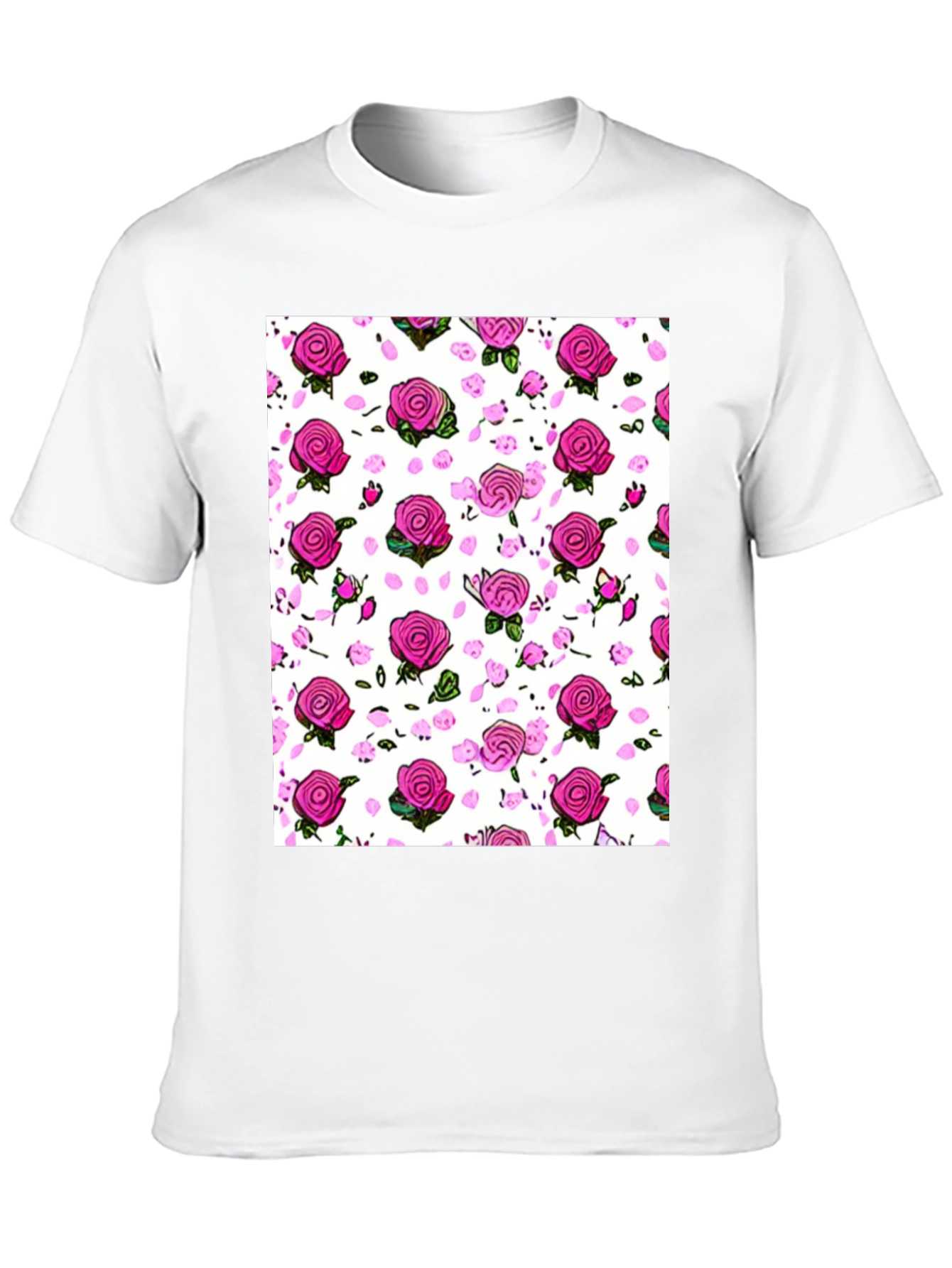 Floral Print T-Shirt: Pink Roses on White