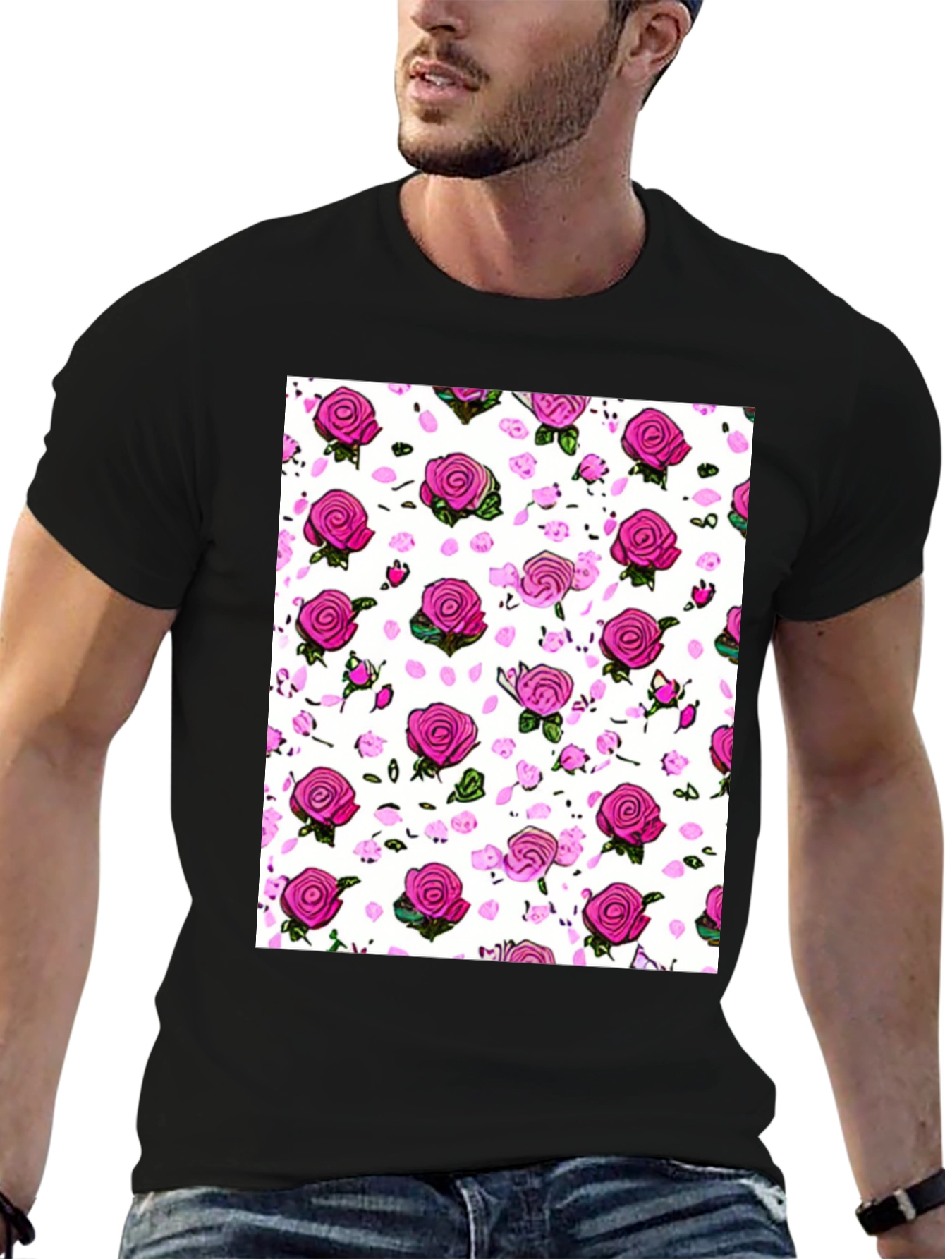 Floral Print T-Shirt: Pink Roses on White