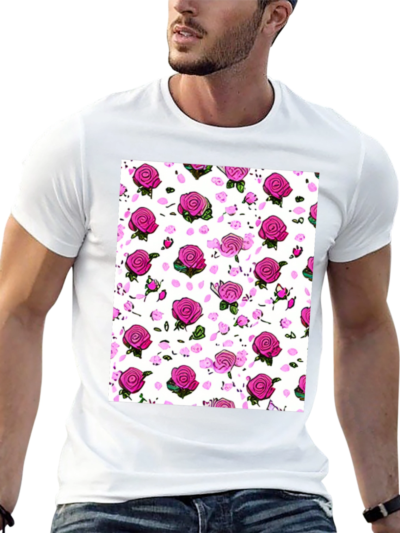 Floral Print T-Shirt: Pink Roses on White