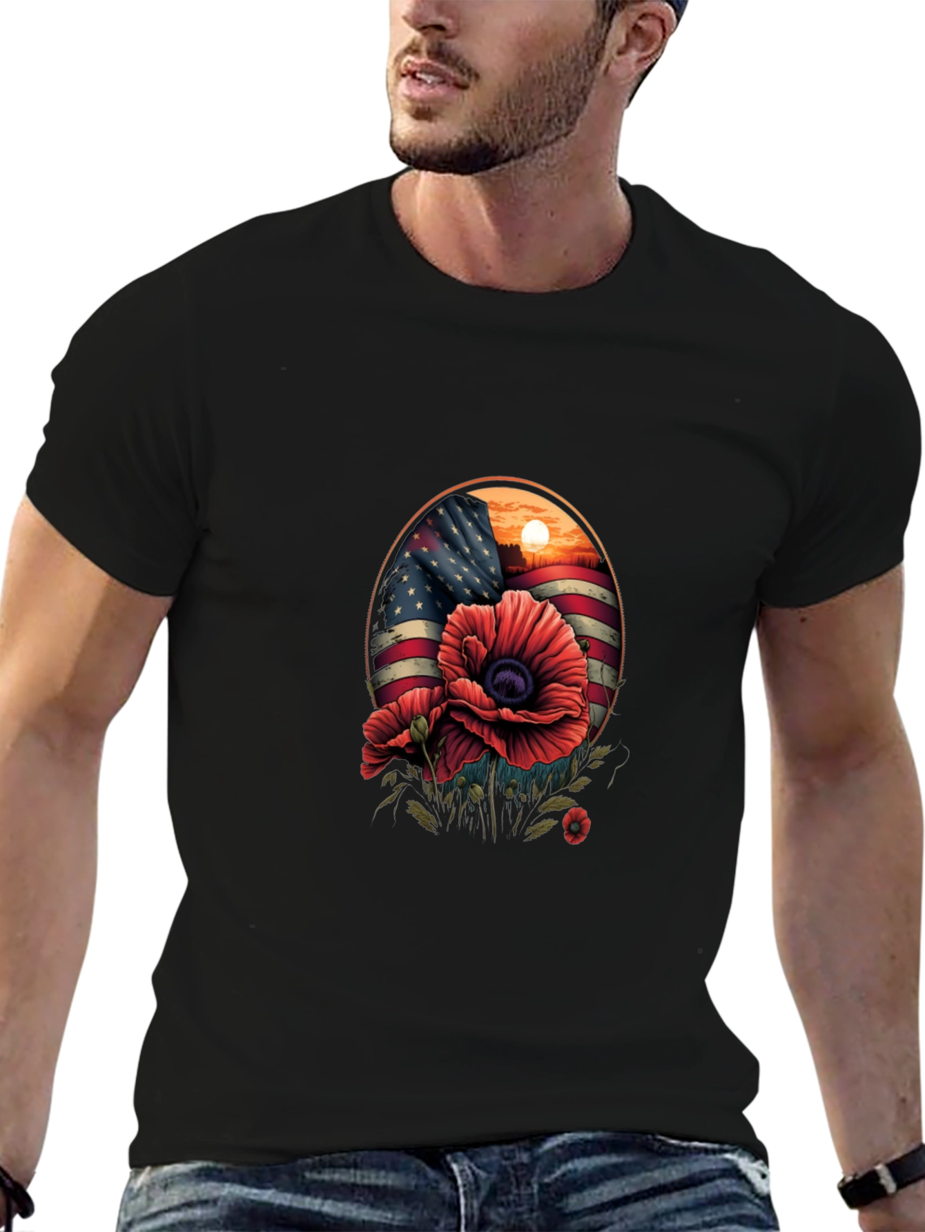 Patriotic Poppy T-Shirt: American Flag Floral Design