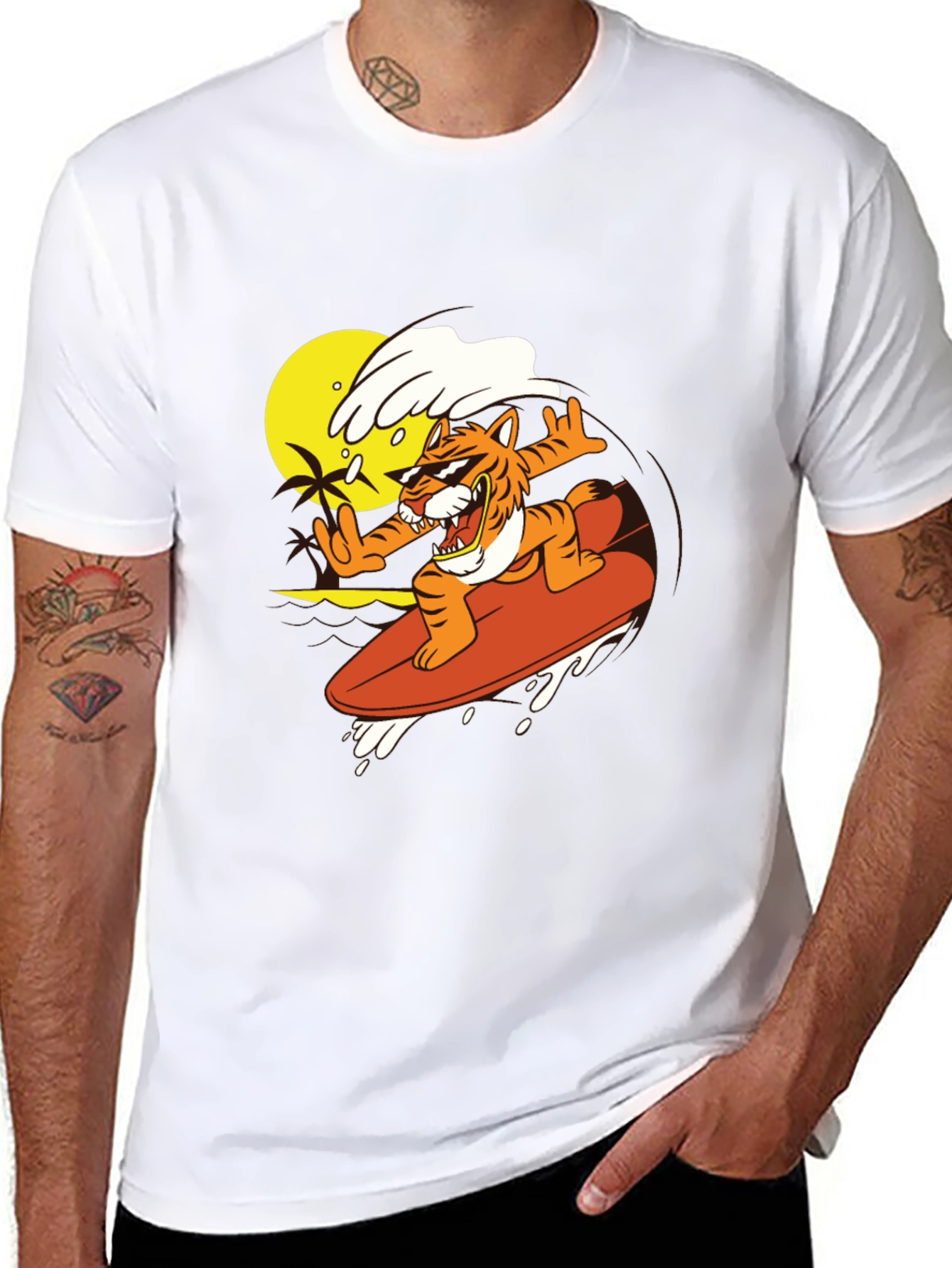 Tiger Surfing Graphic Tee - Cool Black T-Shirt