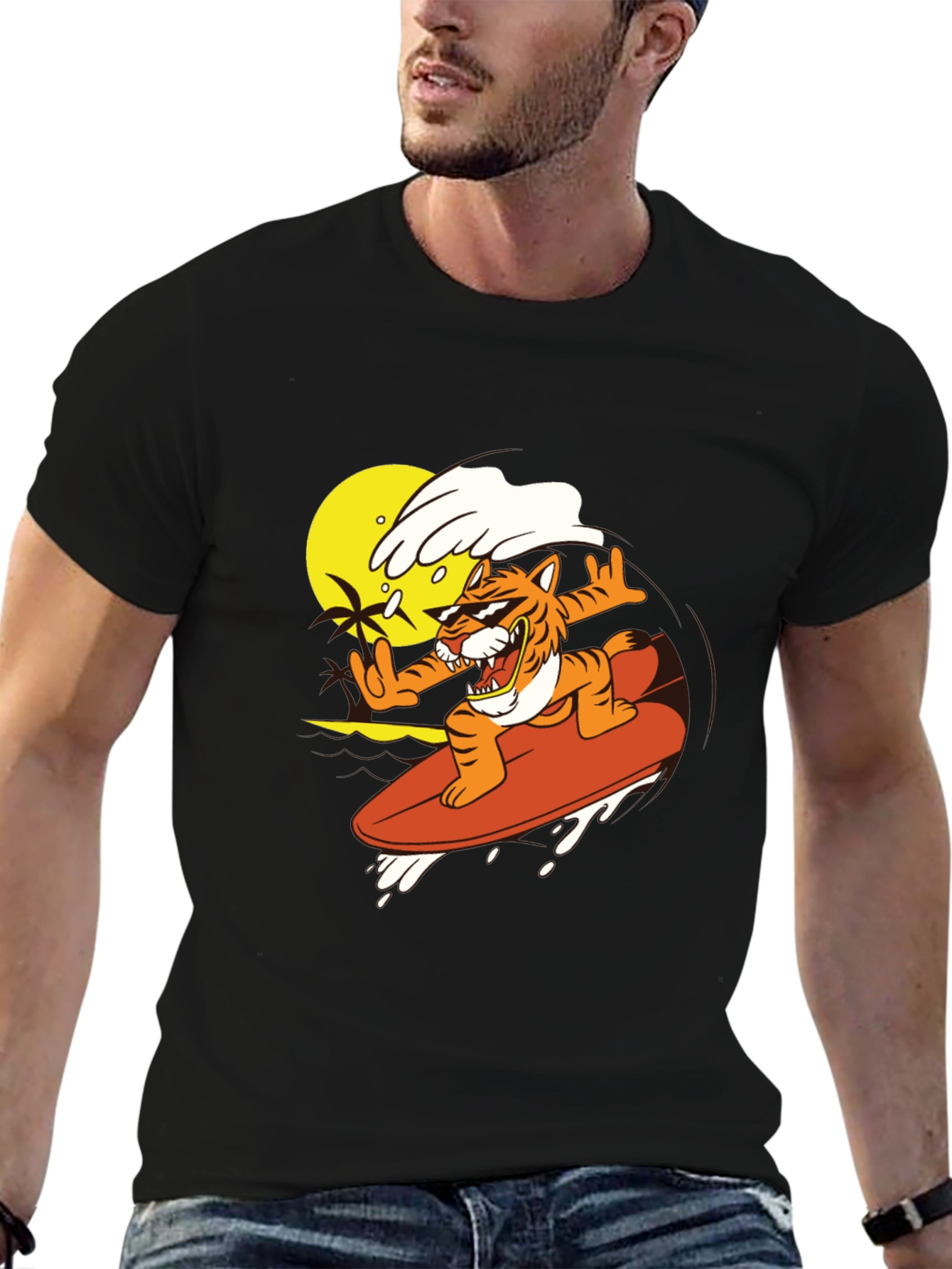 Tiger Surfing Graphic Tee - Cool Black T-Shirt