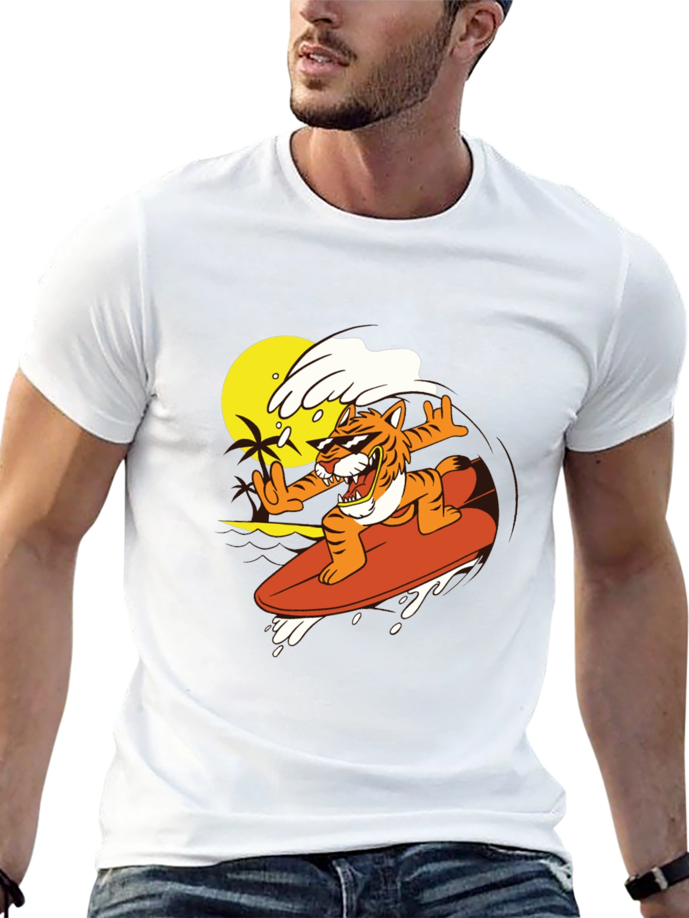 Tiger Surfing Graphic Tee - Cool Black T-Shirt