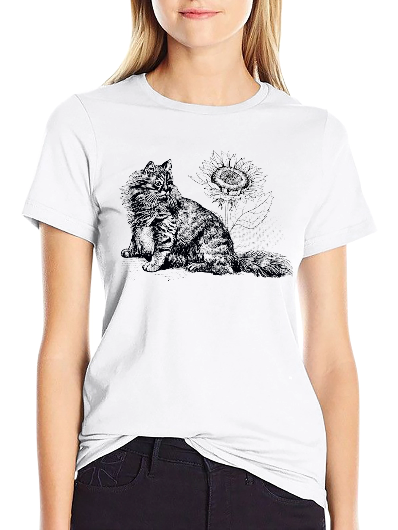 Cat & Sunflower Black Graphic T-Shirt