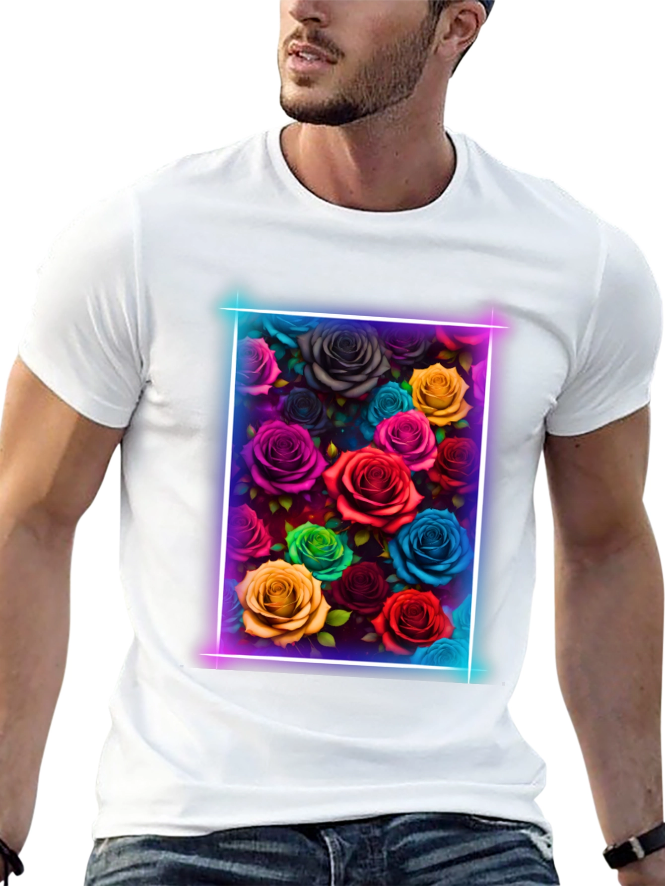 Neon Roses Graphic Tee - Vibrant Floral Design