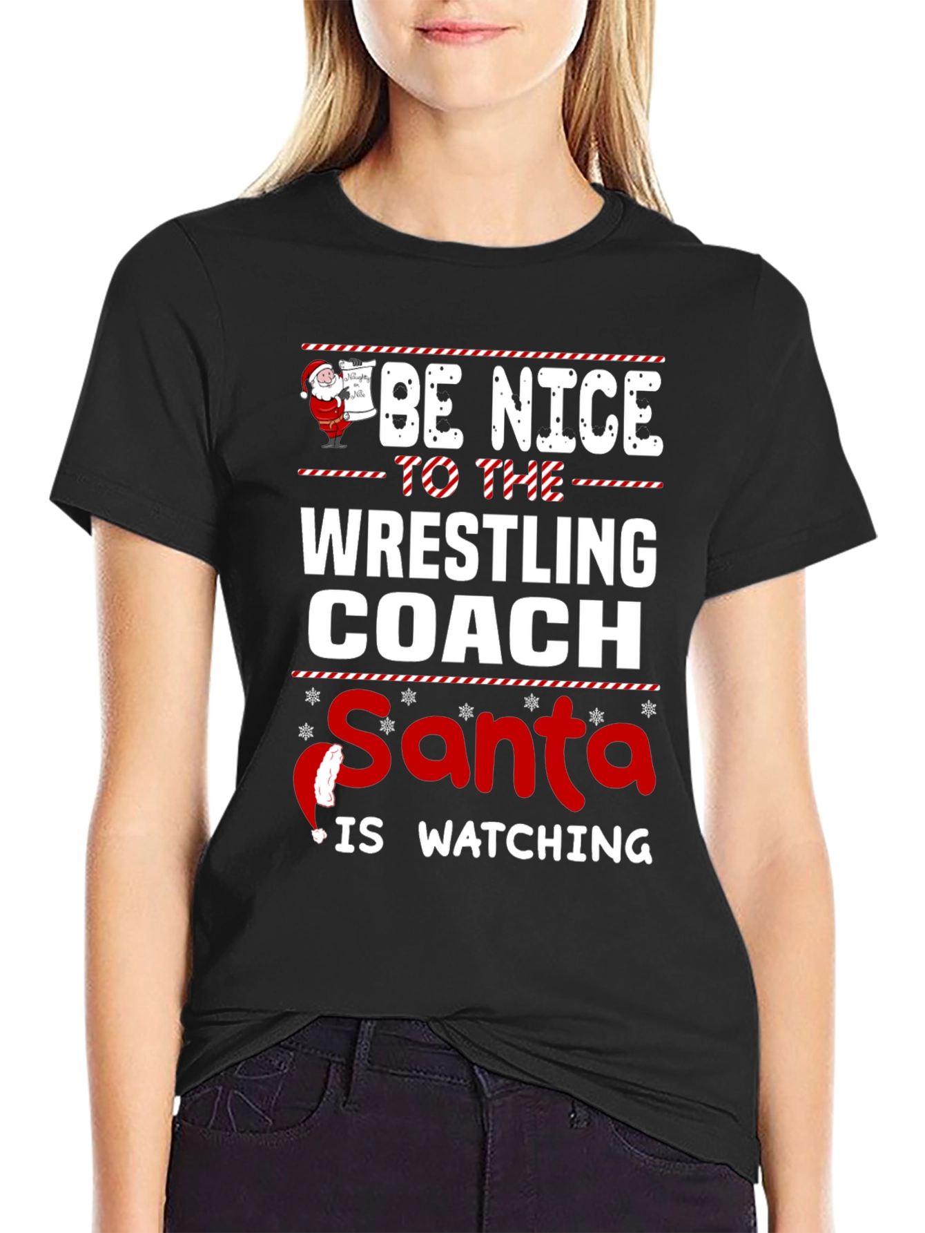 Funny Wrestling Coach Christmas Santa Watching T-Shirt