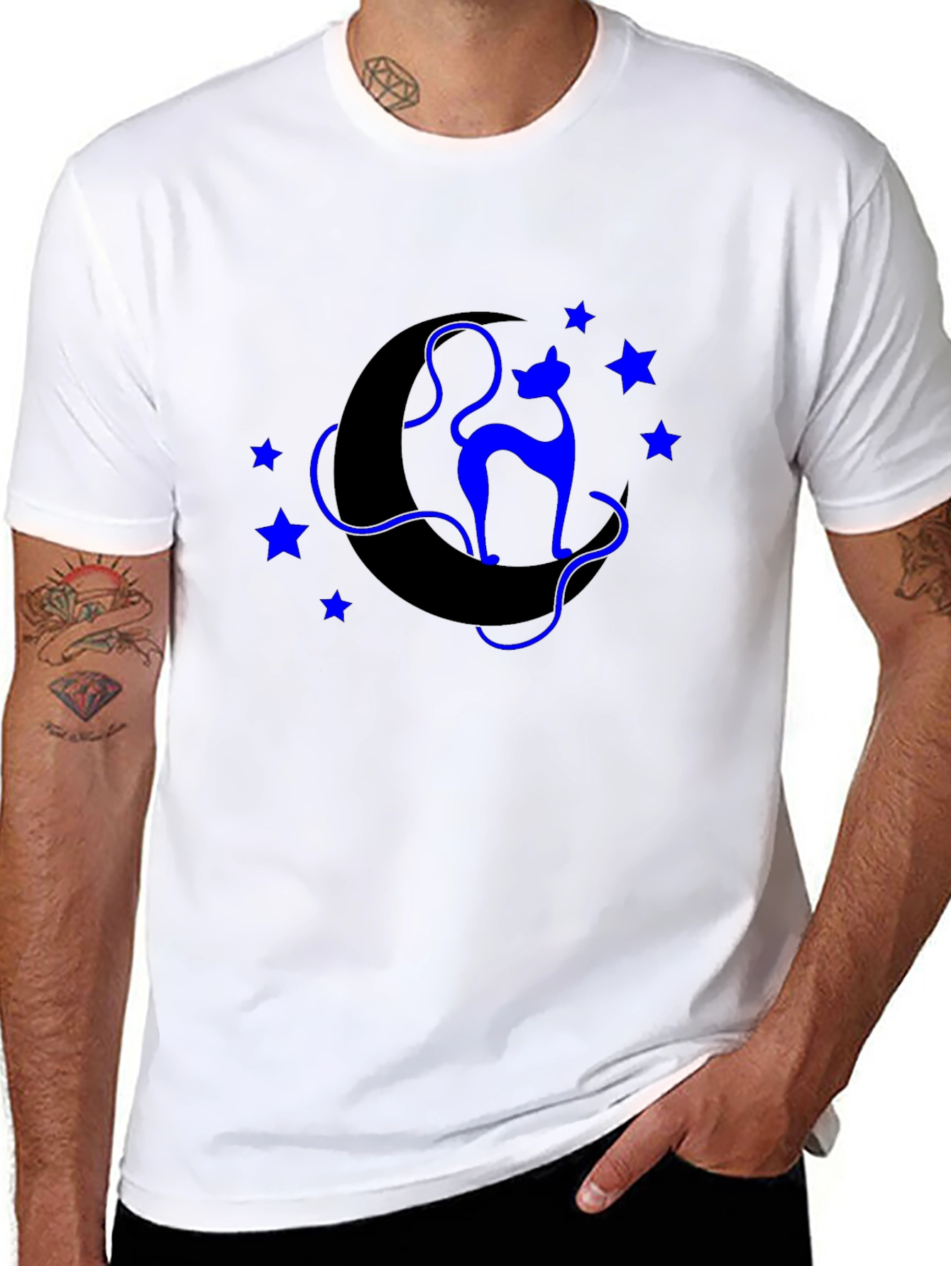 Celestial Cat T-Shirt - Crescent Moon & Star Design