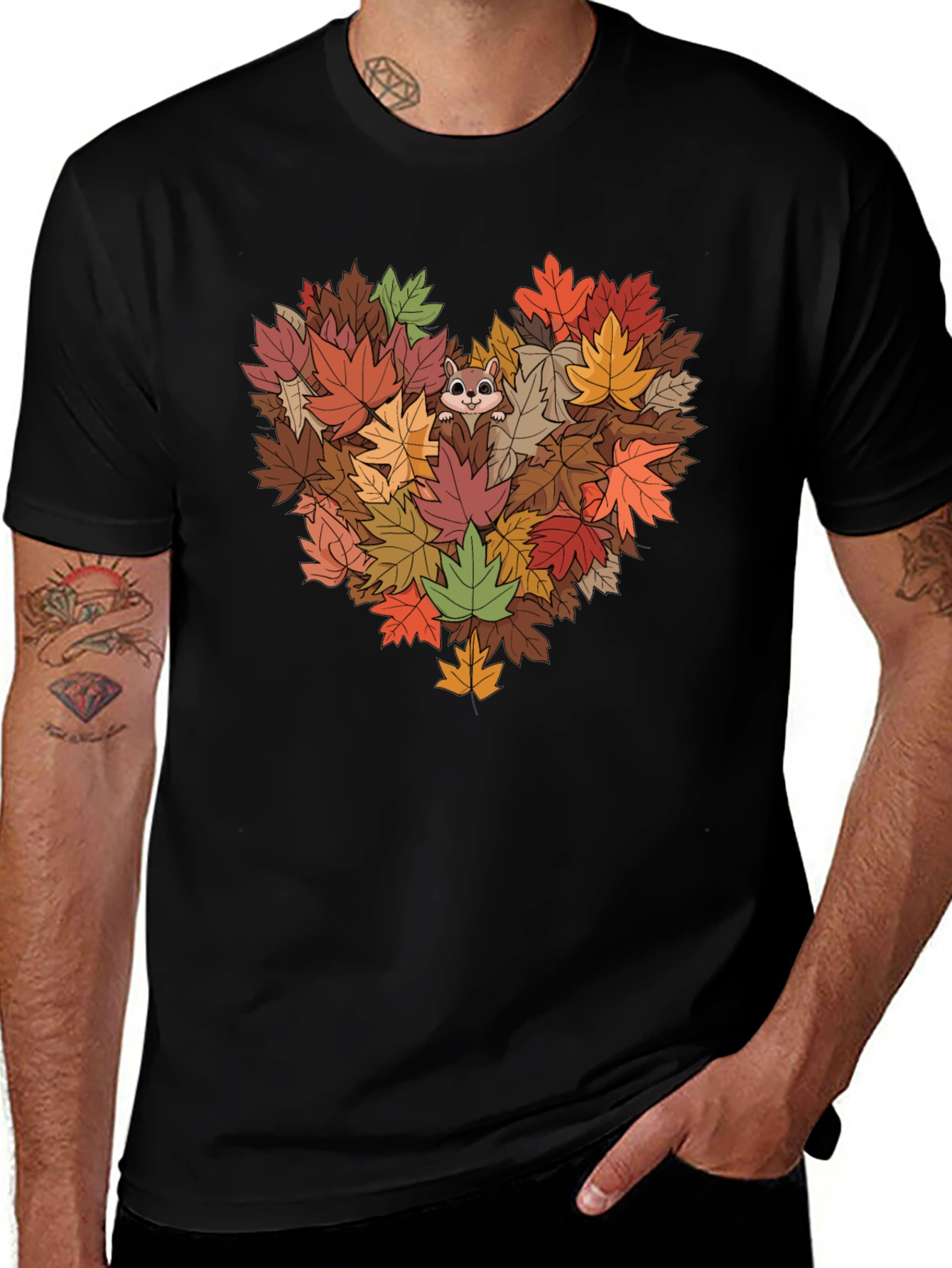 Fall Leaves Heart T-Shirt with Squirrel