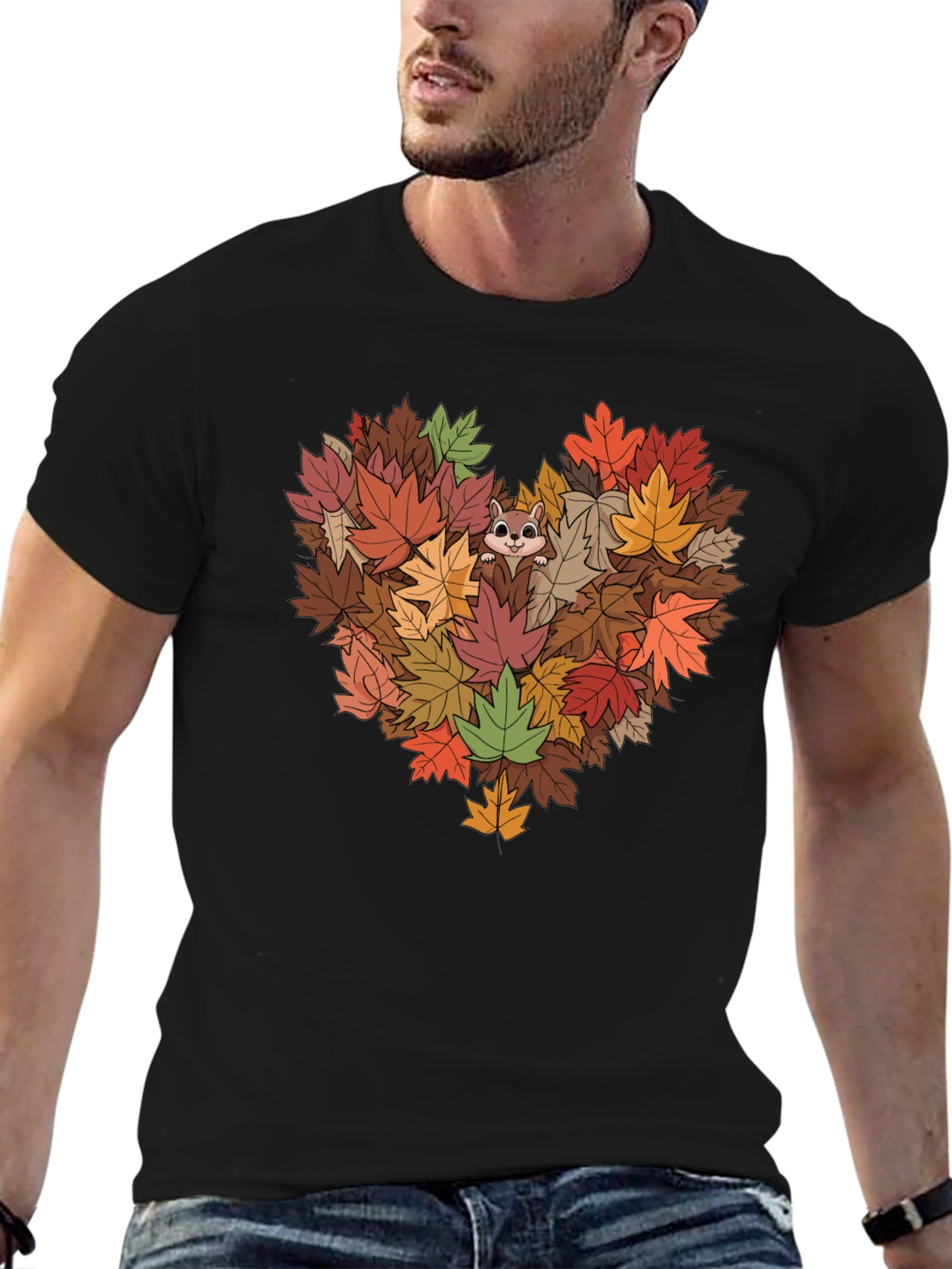 Fall Leaves Heart T-Shirt with Squirrel