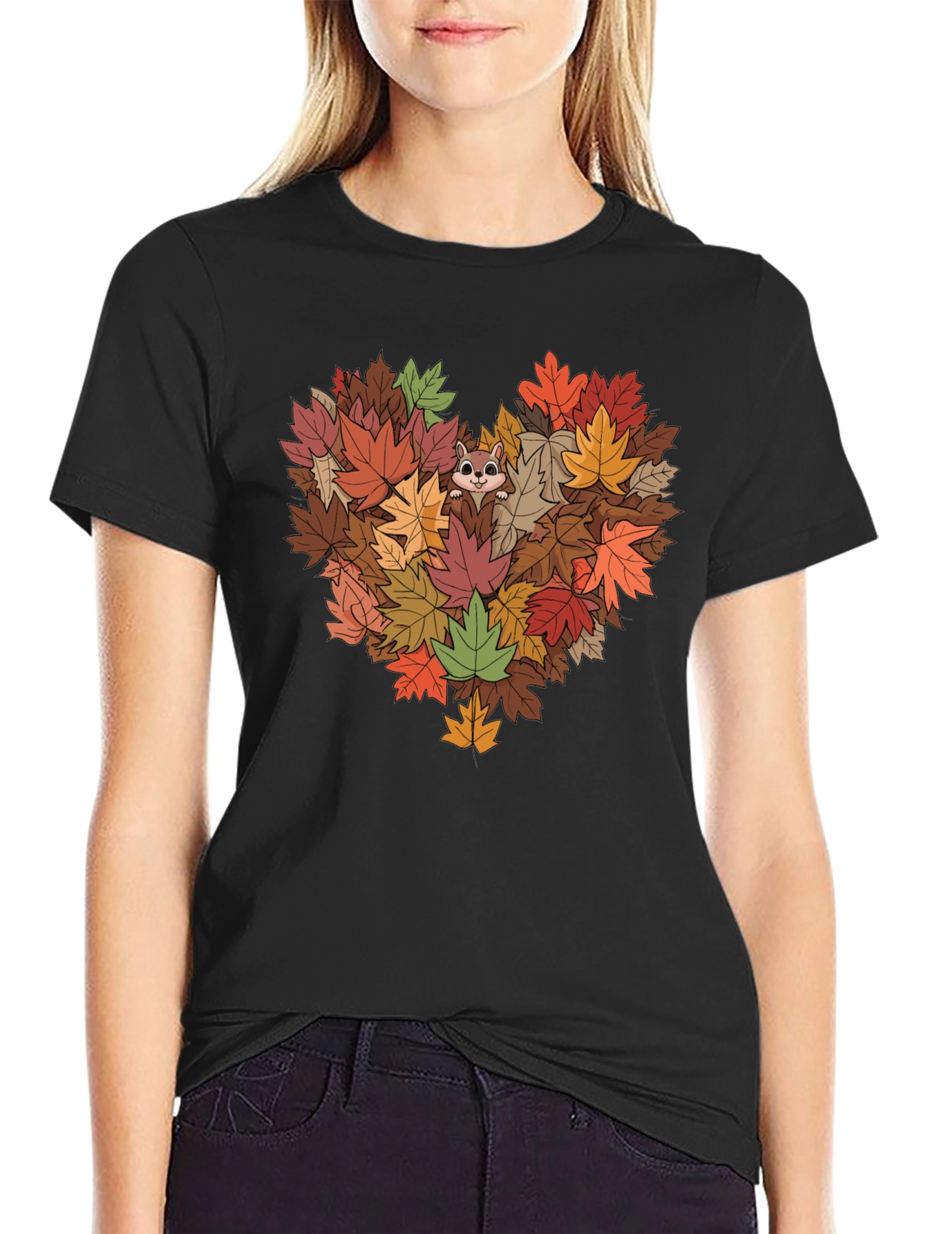 Fall Leaves Heart T-Shirt with Squirrel