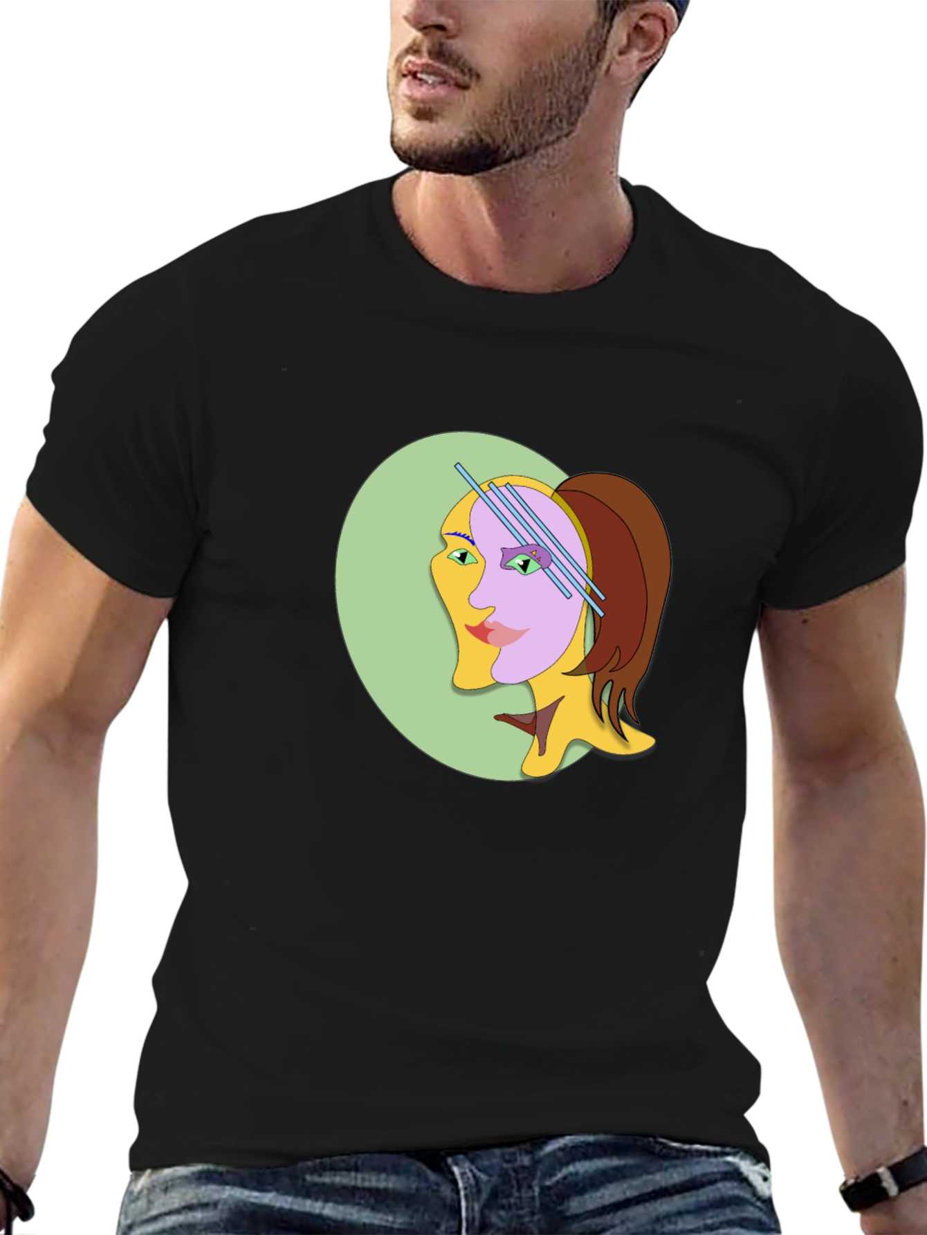 Abstract Woman Graphic Tee - Black Cotton T-Shirt