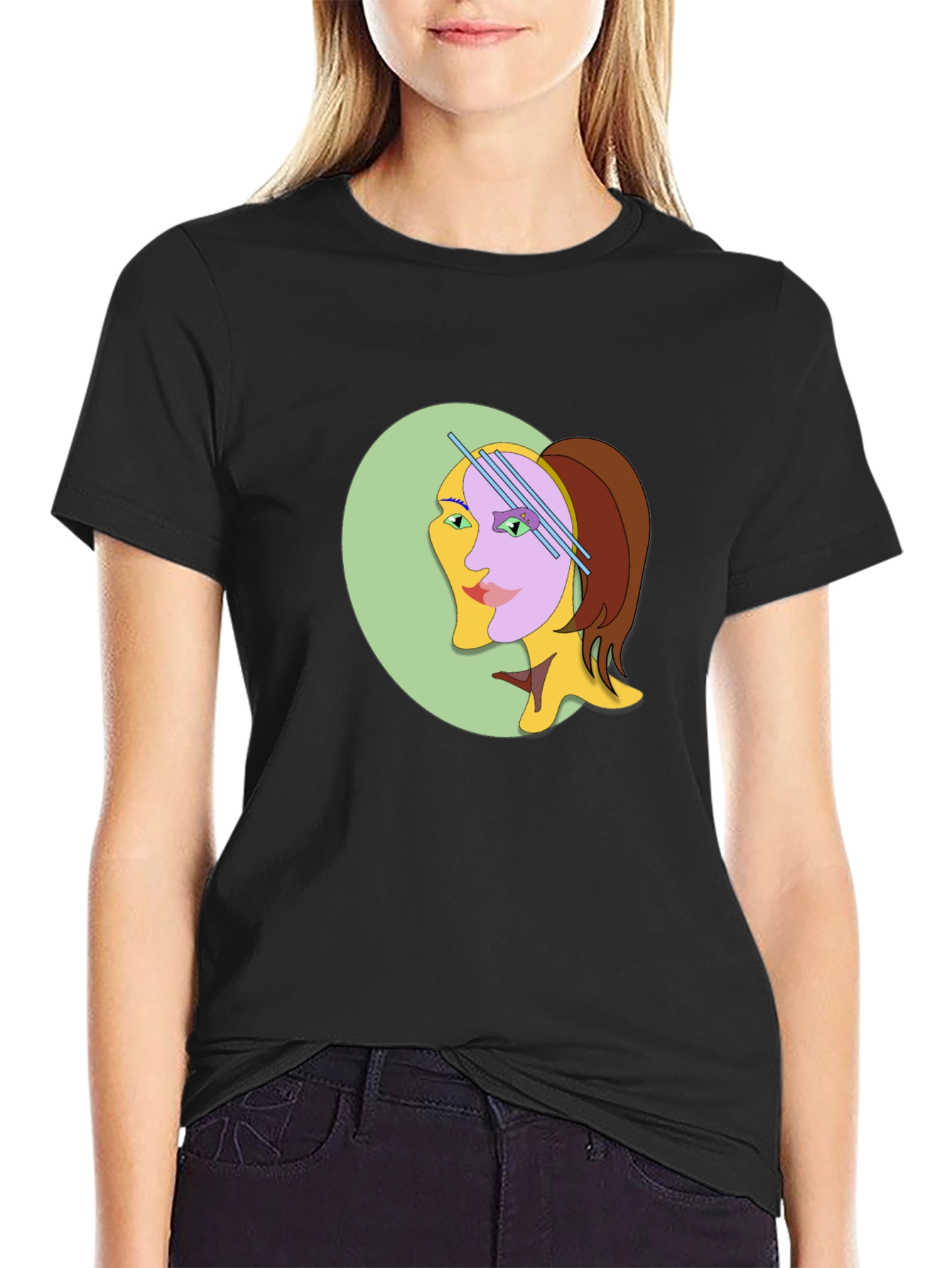 Abstract Woman Graphic Tee - Black Cotton T-Shirt