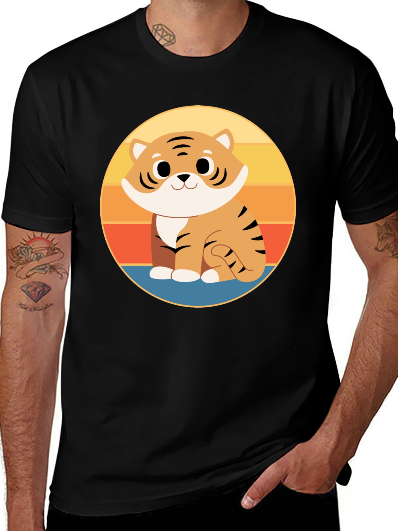 Cute Cartoon Tiger Graphic Tee - Black