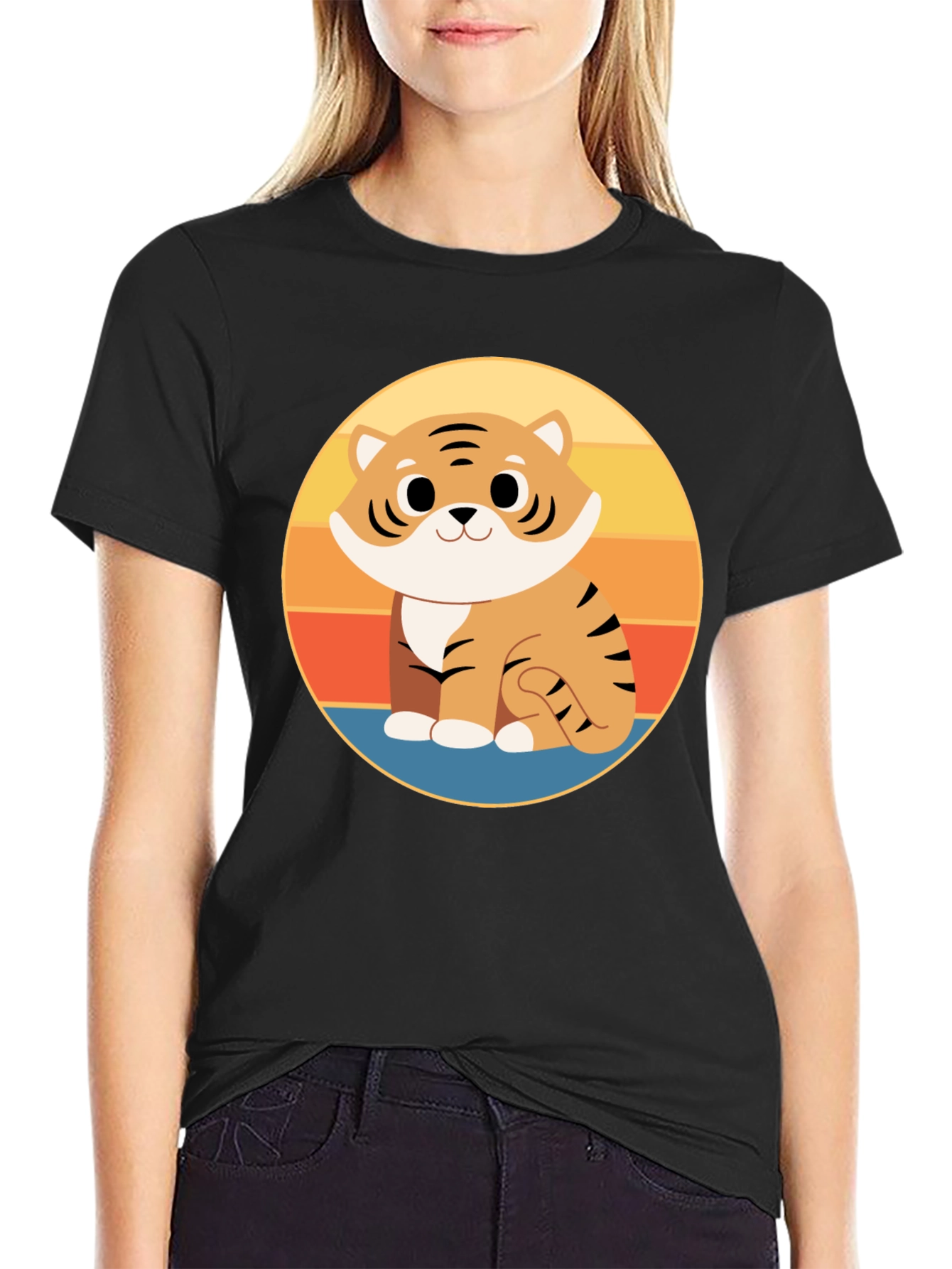 Cute Cartoon Tiger Graphic Tee - Black