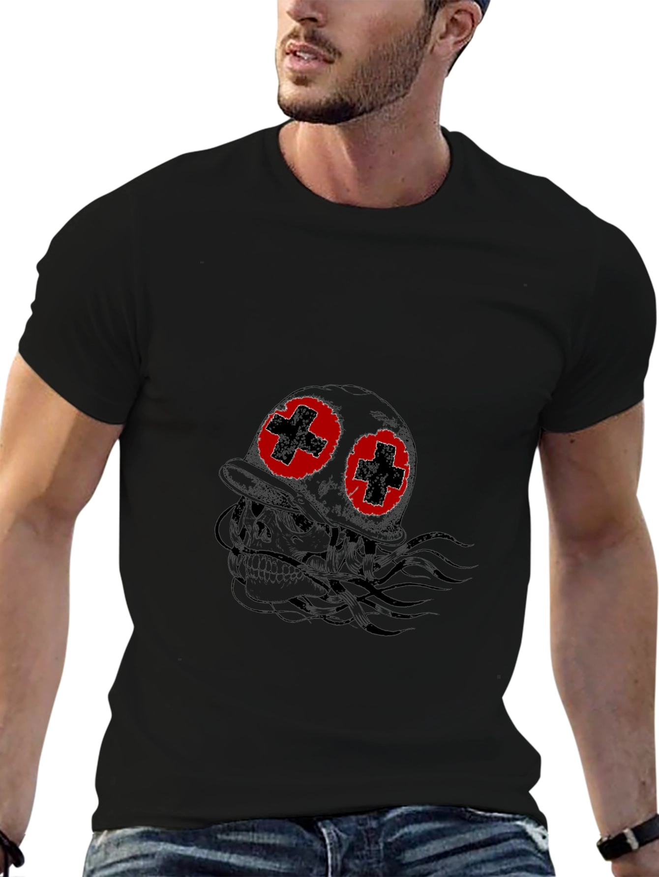 Skull with Helmet T-Shirt - Edgy Graphic Tee
