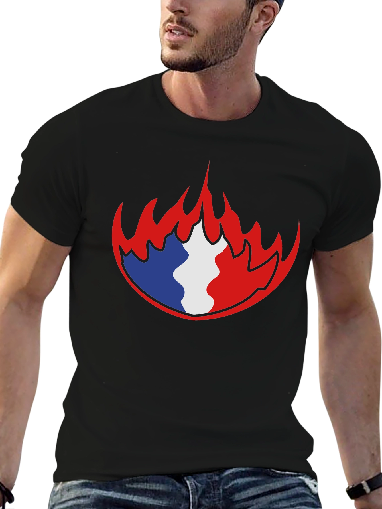 French Flag Fire Graphic Black T-Shirt