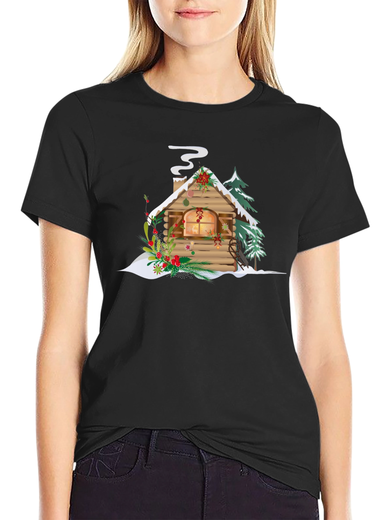Christmas Cabin Graphic Tee - Holiday Season Apparel