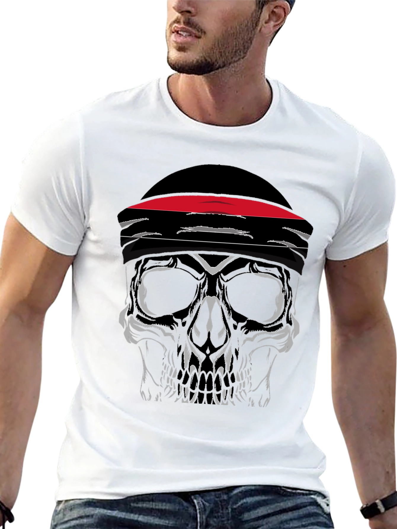 Skull with Headband Graphic Tee - Black
