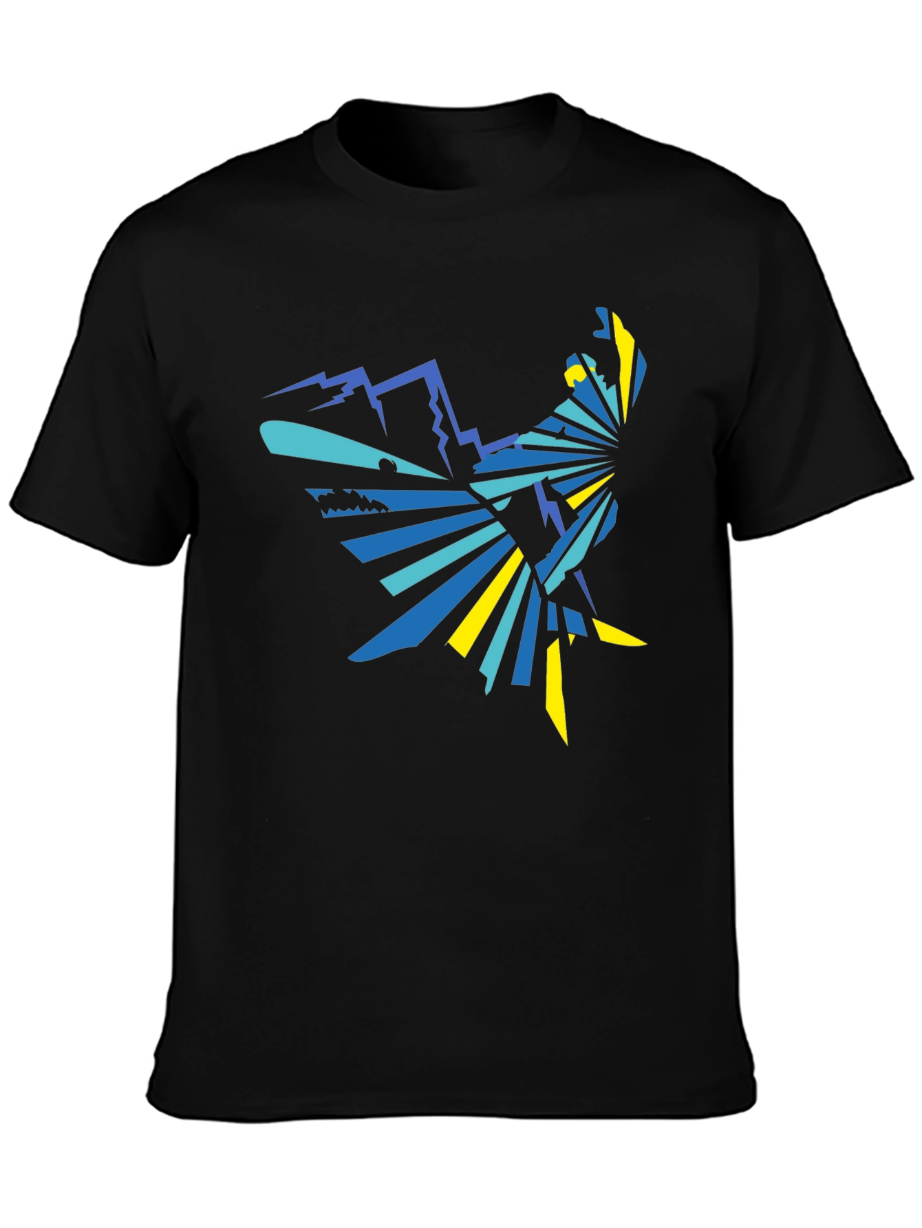 Geometric Mountain & Bird Graphic Tee - Black