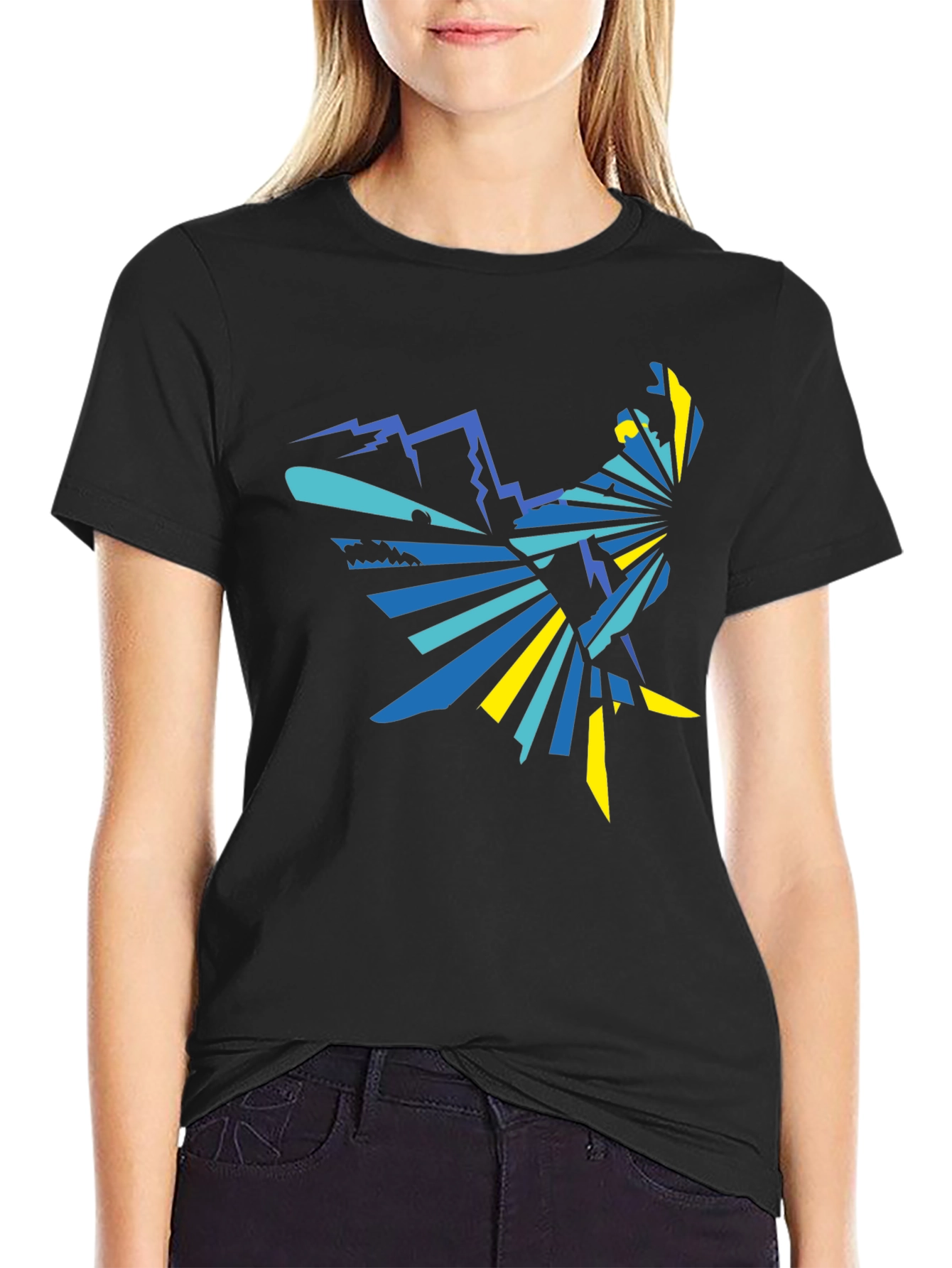 Geometric Mountain & Bird Graphic Tee - Black