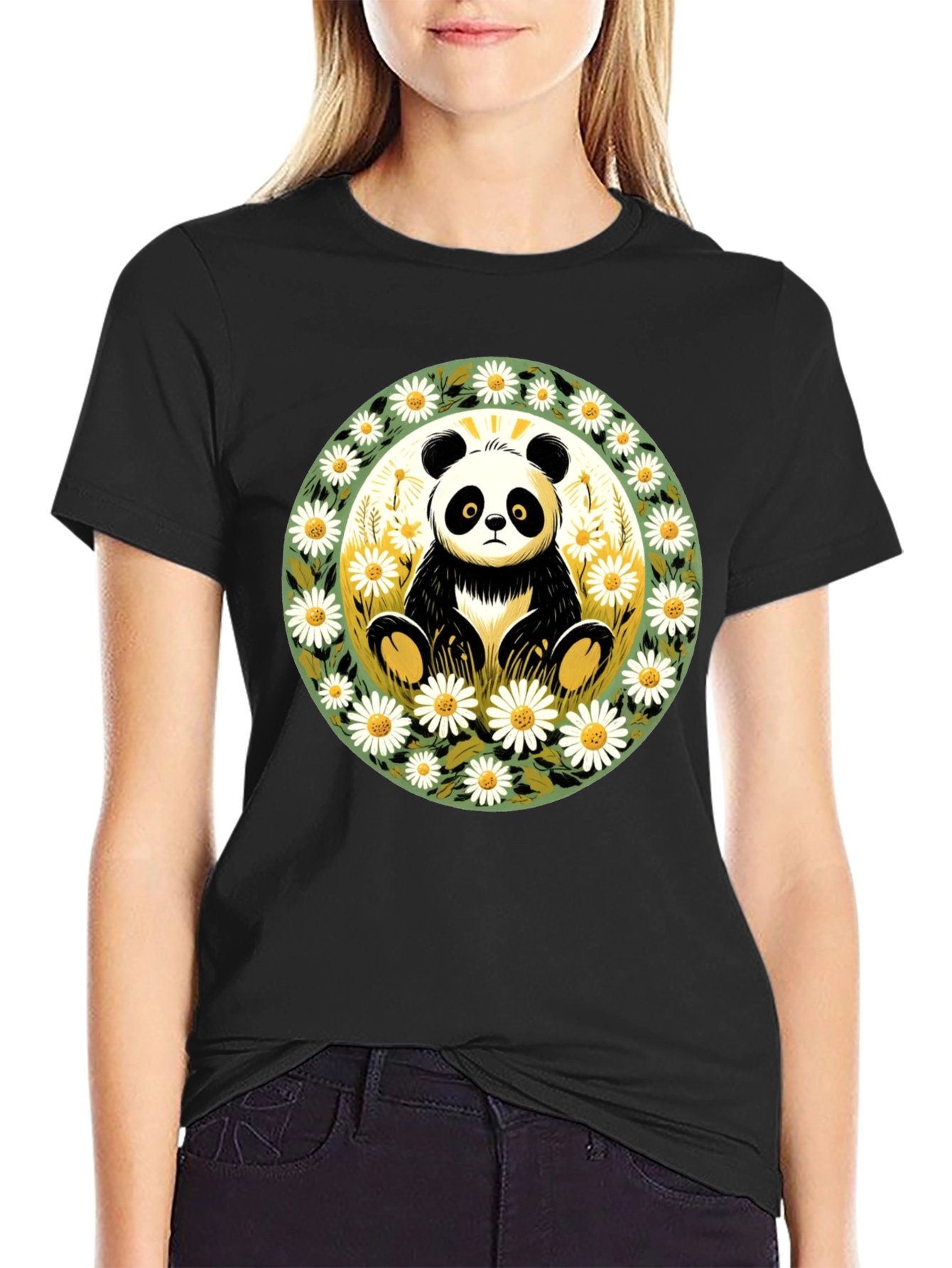 Panda Surrounded by Daisies Black T-Shirt