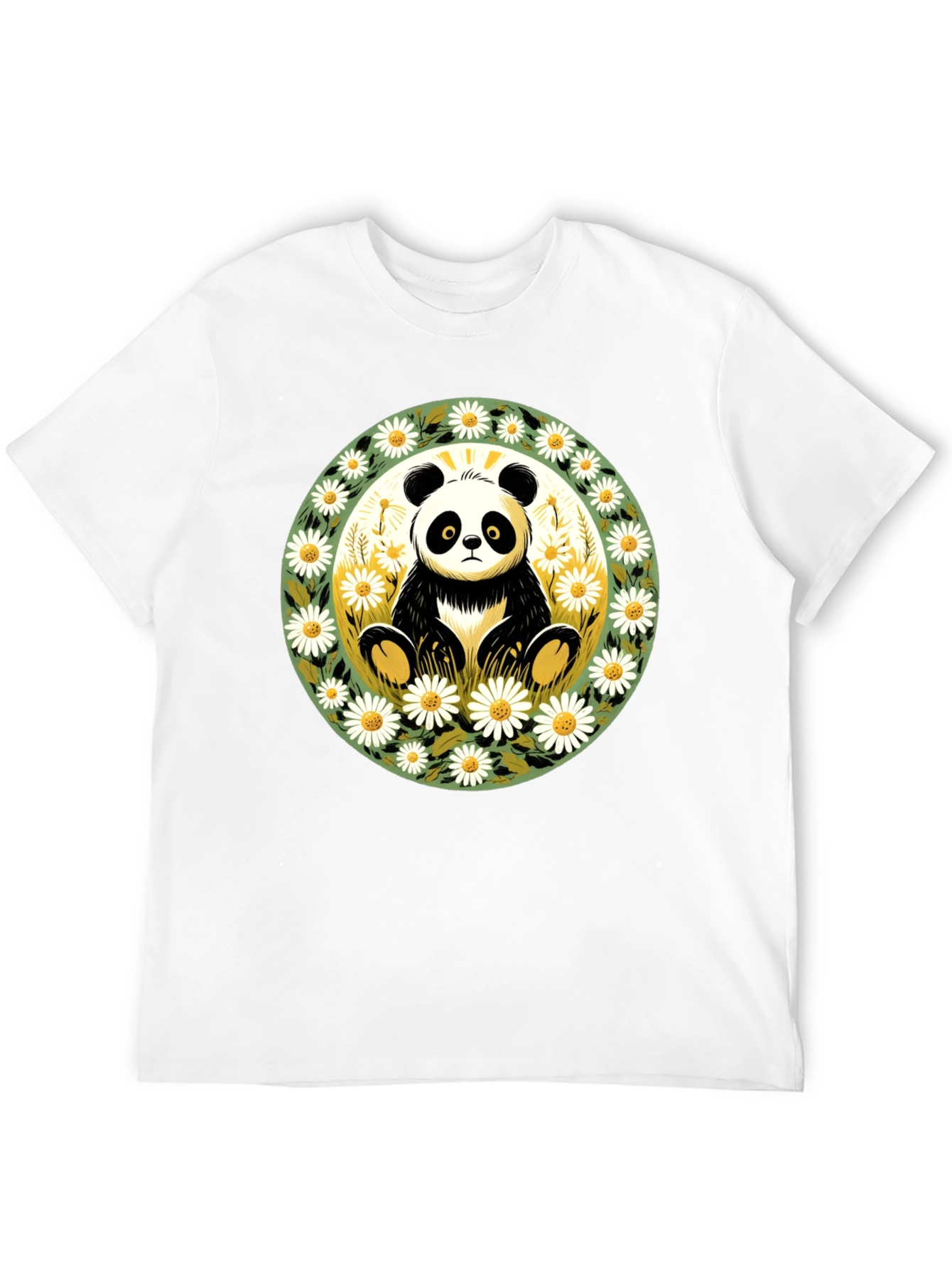 Panda Surrounded by Daisies Black T-Shirt