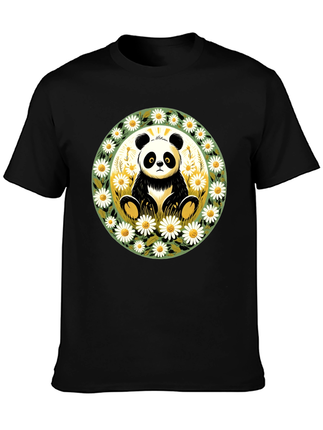 Panda Surrounded by Daisies Black T-Shirt