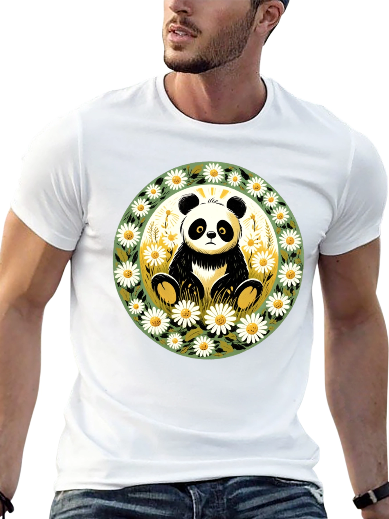 Panda Surrounded by Daisies Black T-Shirt