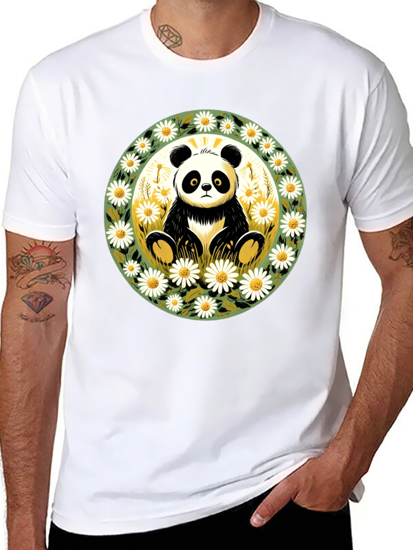 Panda Surrounded by Daisies Black T-Shirt